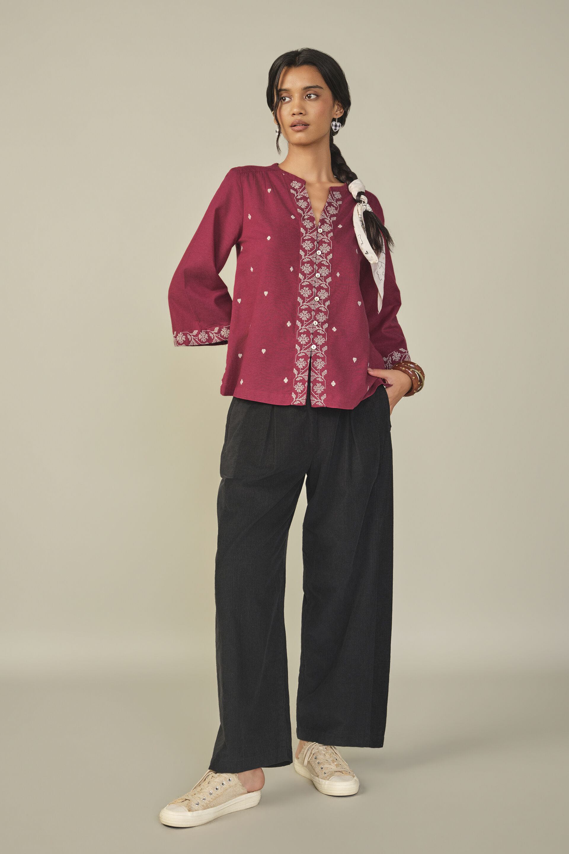 Embroidered Bell Sleeved Top in Red, Red, image 3
