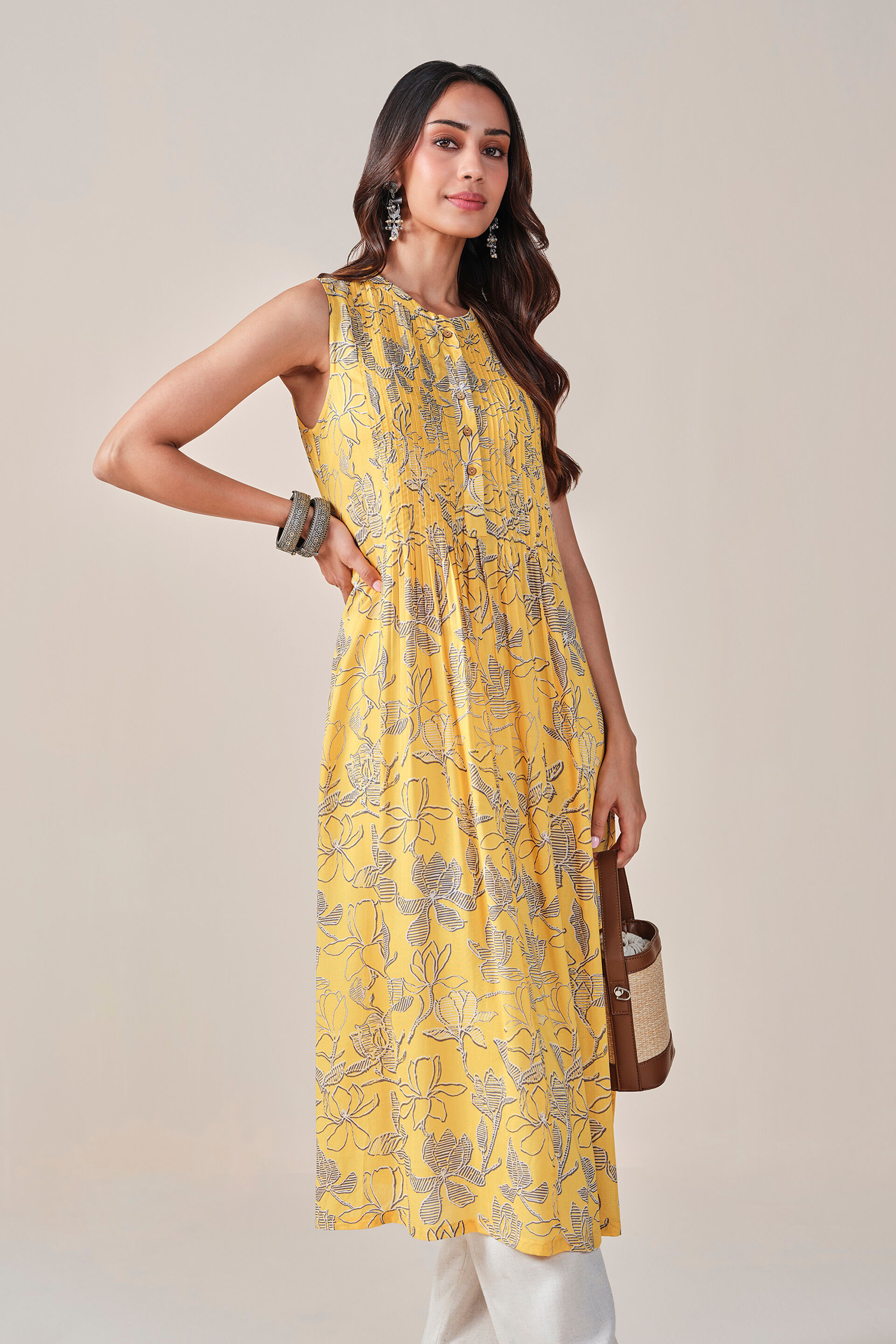 Floral Print Viscose Kurta, Mustard, image 6