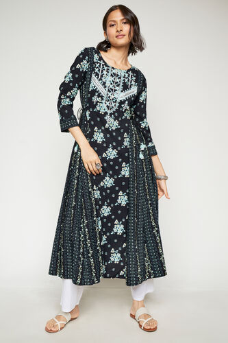 Black Floral Embroidered Kurta, Black, image 1