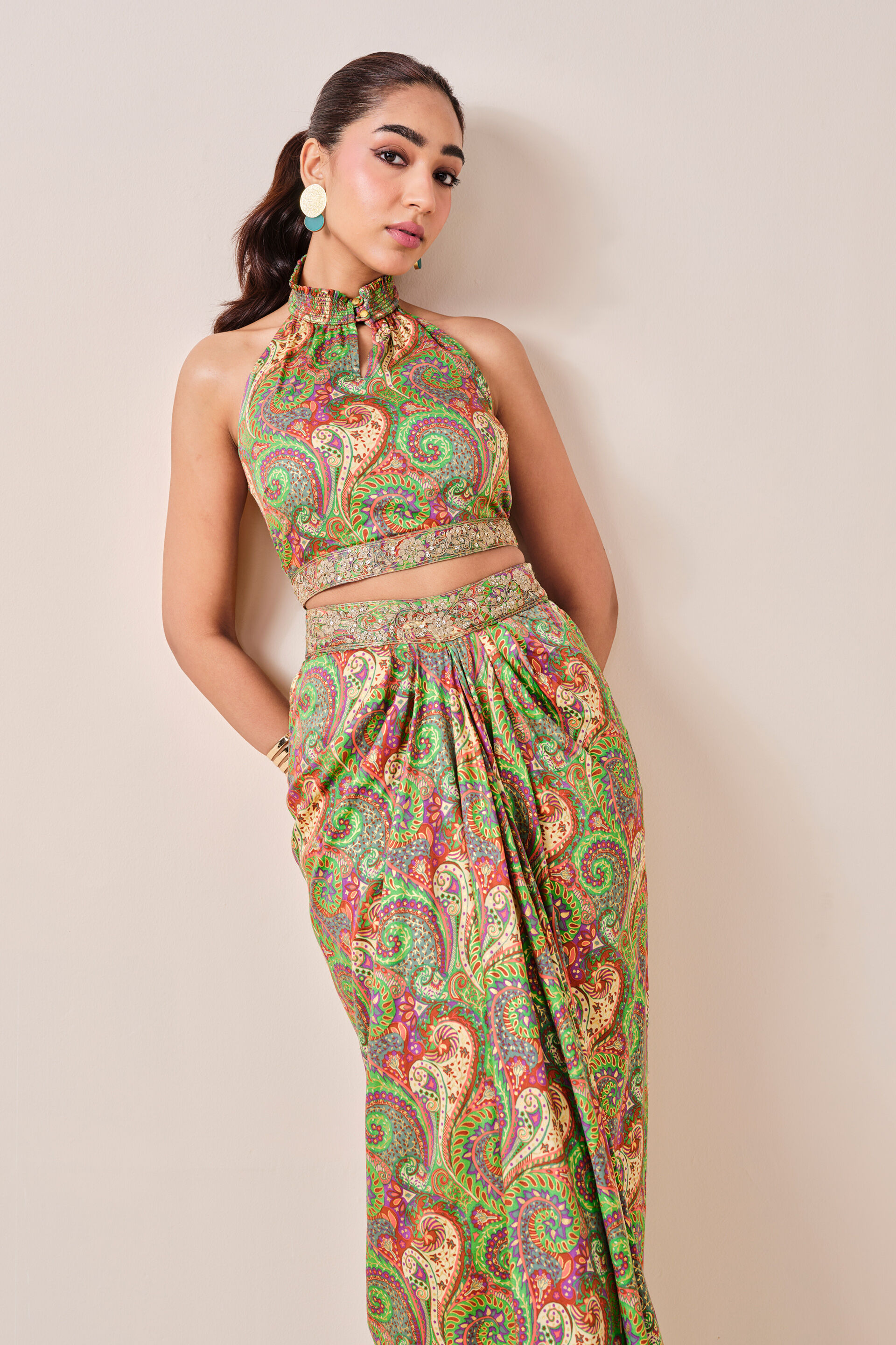 Green Motif Print Drape Skirt Set, Green, image 9