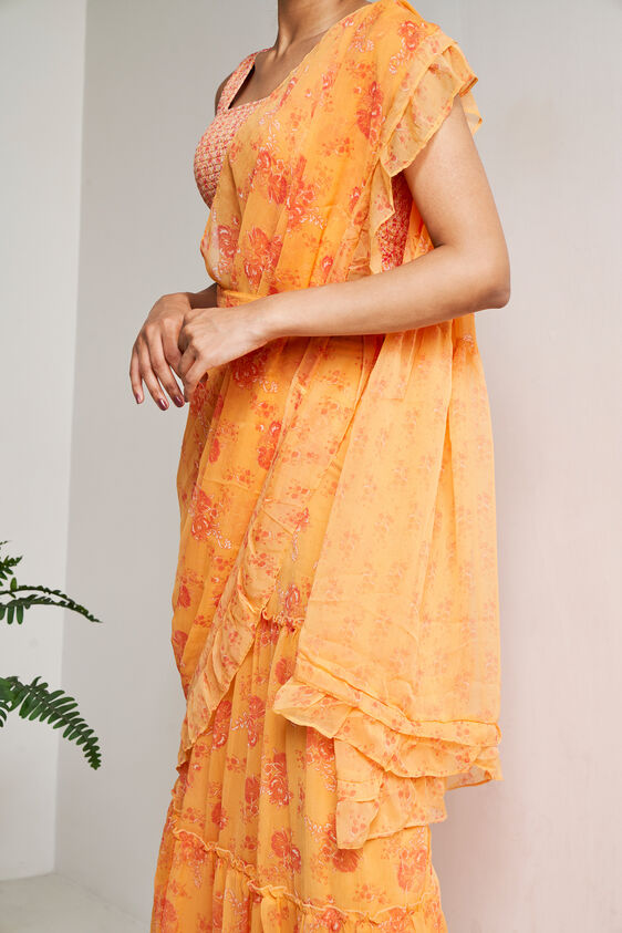 Orange Floral Fit & Flare Stitched Saree, Orange, image 6