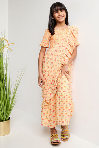 Yellow Smocking Floral Stitched Saree, Yellow, image 3