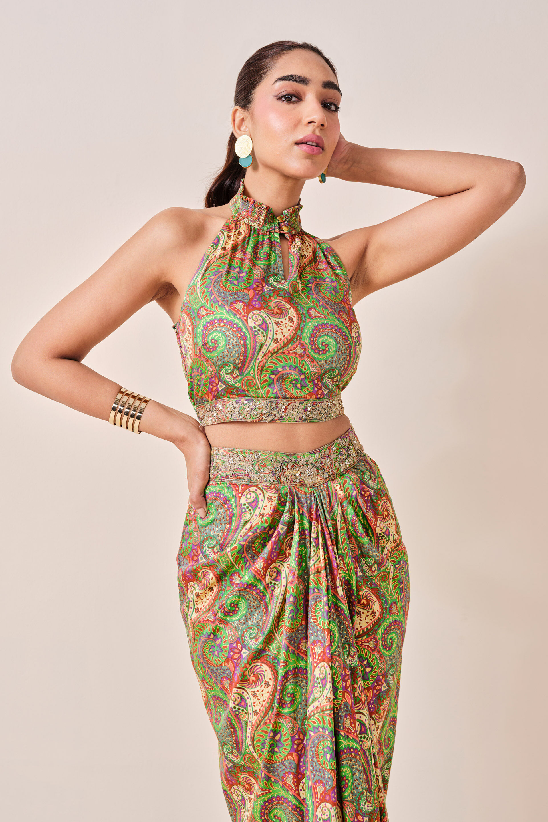 Green Motif Print Drape Skirt Set, Green, image 7