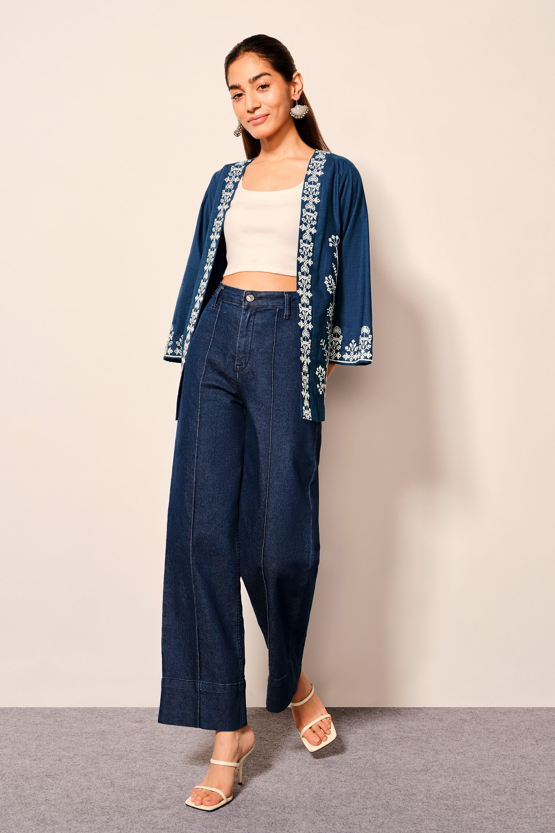 Indigo Blue Embroidered Cotton Jacket, Navy Blue, image 10