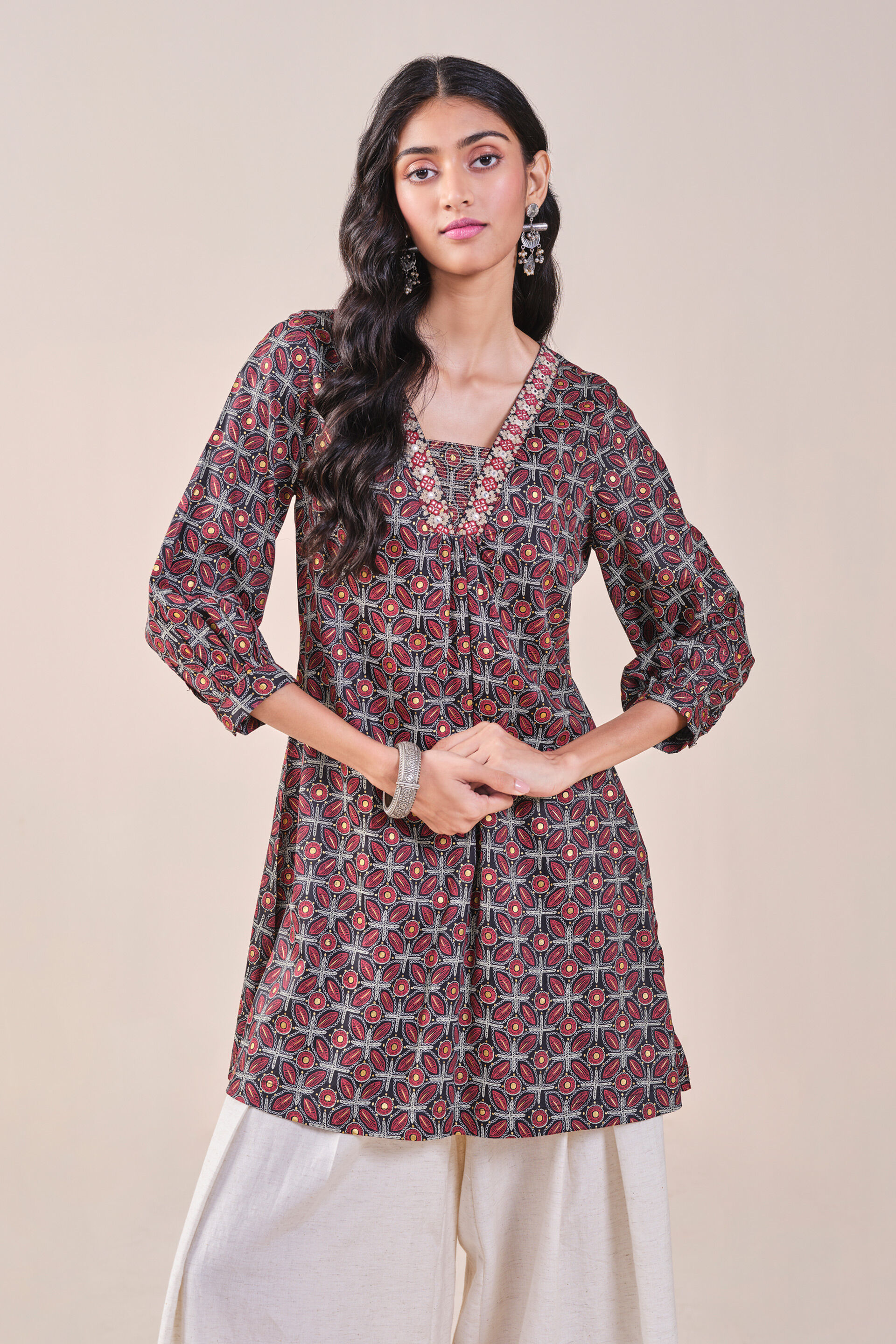 Floral Print Embroidered Tunic, Black, image 3
