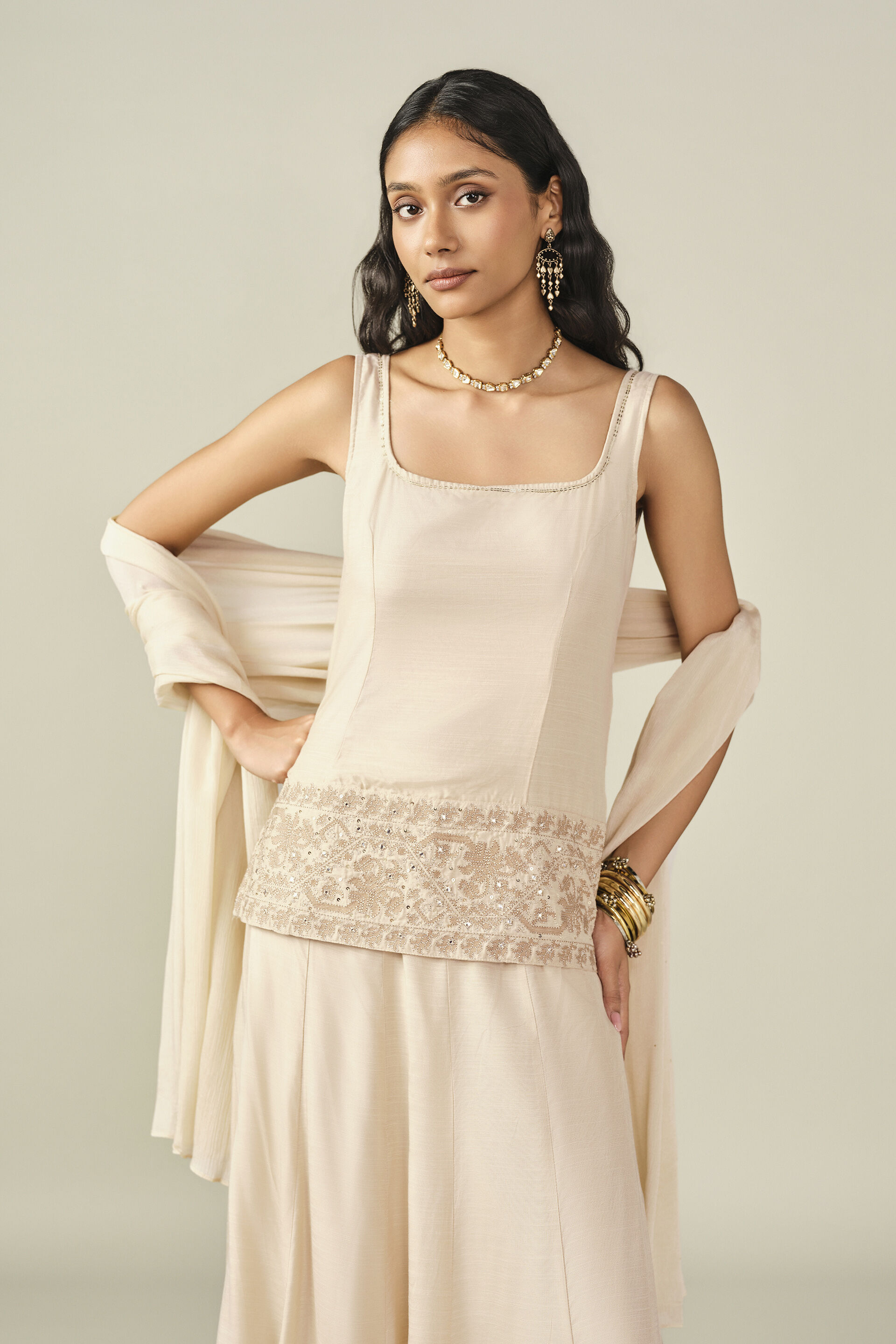 Embroidered Skirt Set in Beige, Beige, image 4