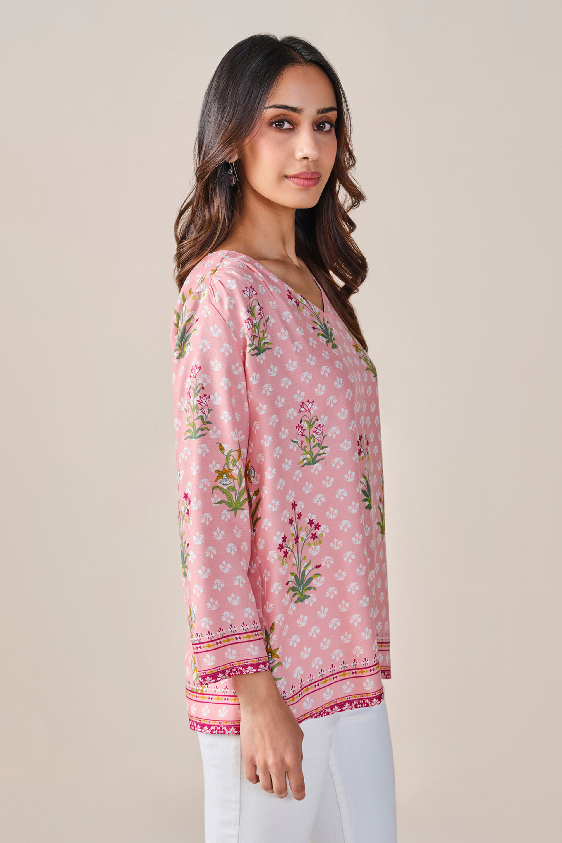 Pink Floral Print Viscose Top, Pink, image 3