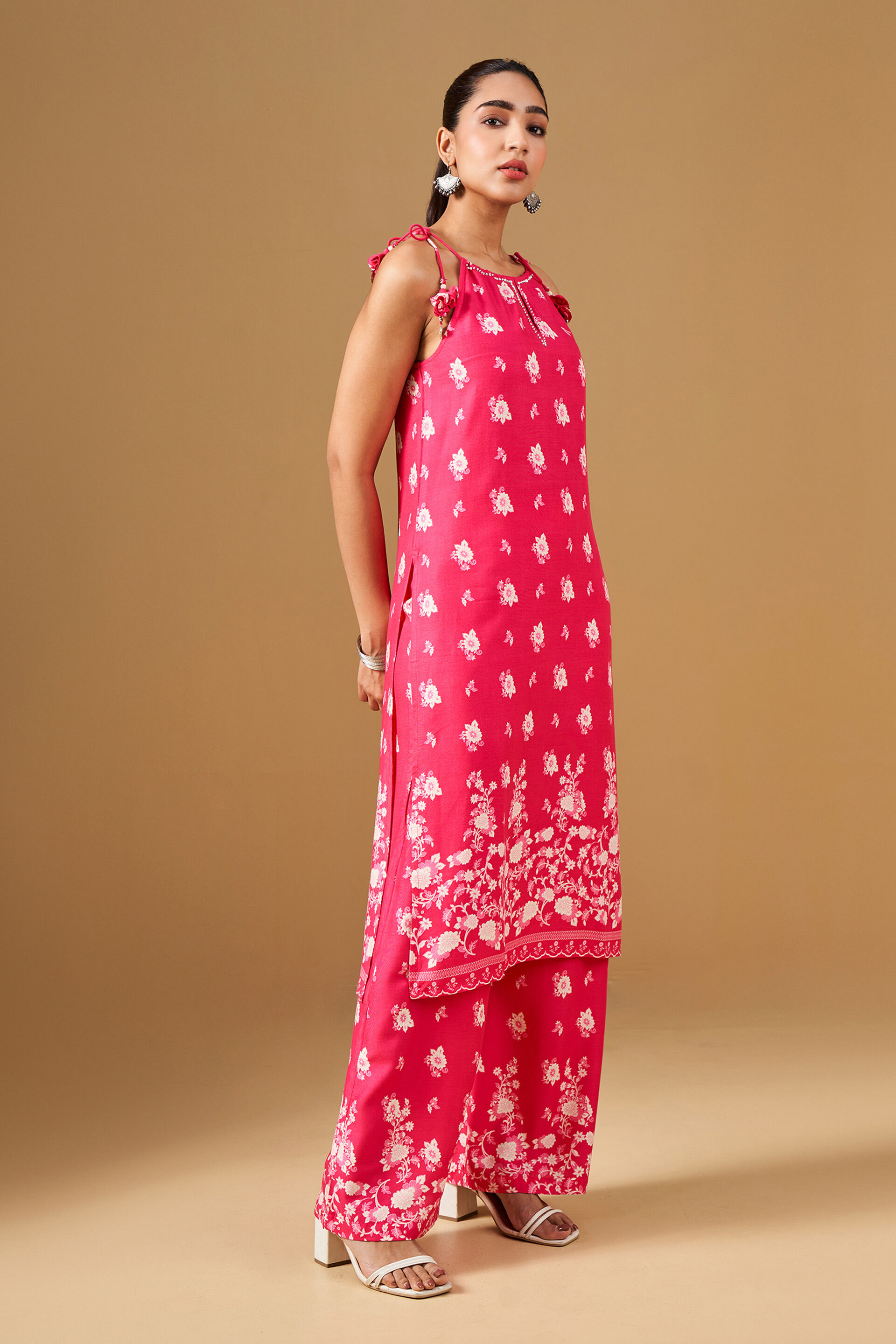 Floral Print Pink Viscose Kurta Set, Pink, image 2