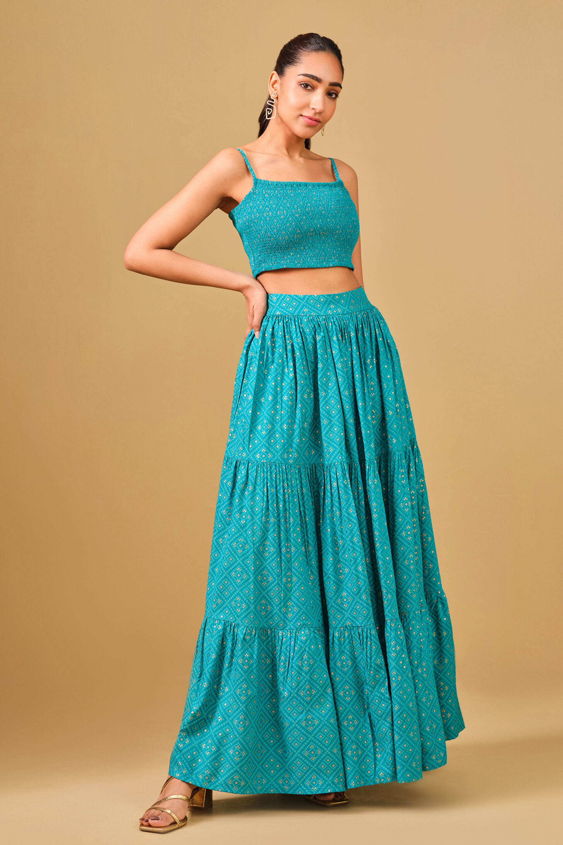 Bandhani Inspired Blue Viscose Skirt Set, Aqua, image 2