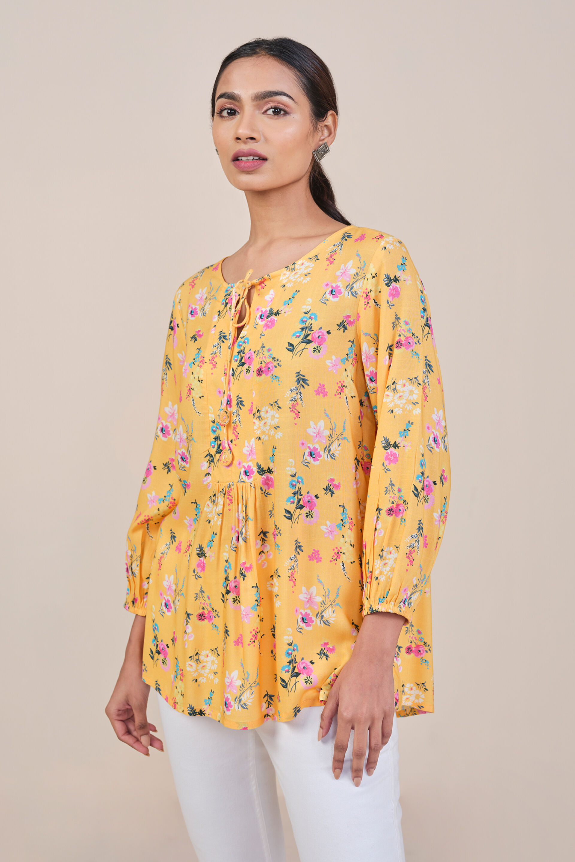 Yellow Floral Inspired Tie Up Top, Yellow, image 3