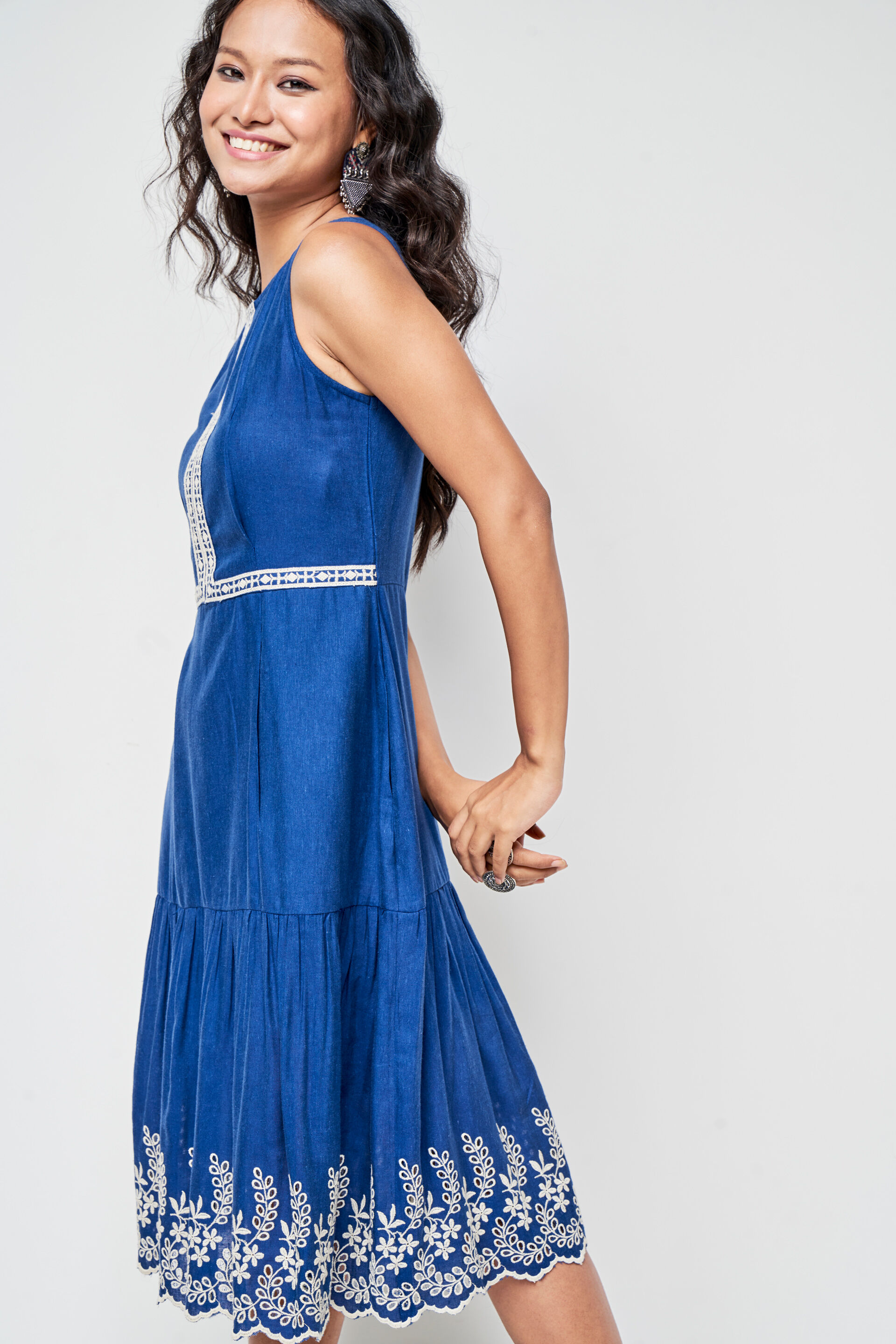 Dark Blue Solid Embroidered Fit And Flare Dress, Dark Blue, image 2