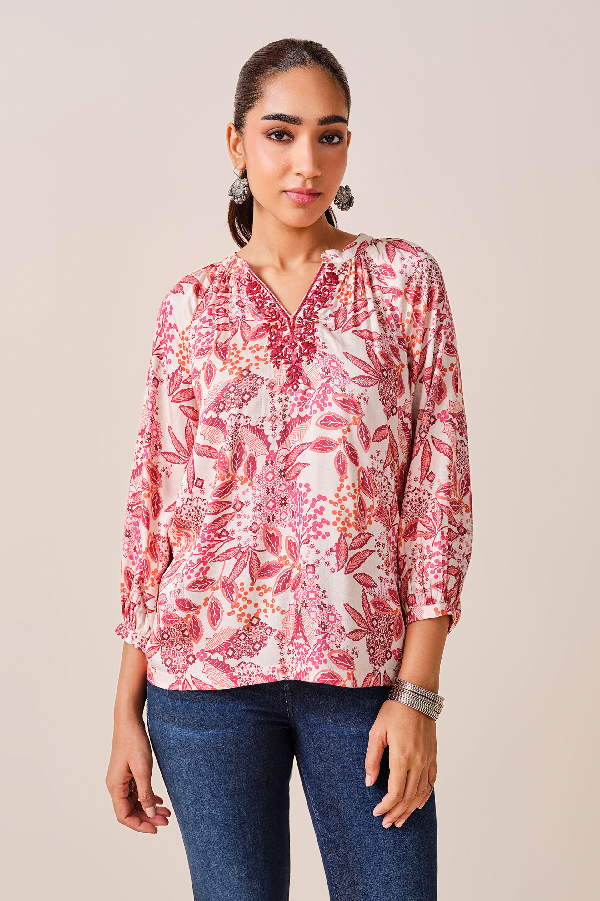 Coral Floral Print Viscose Top, Coral, image 2