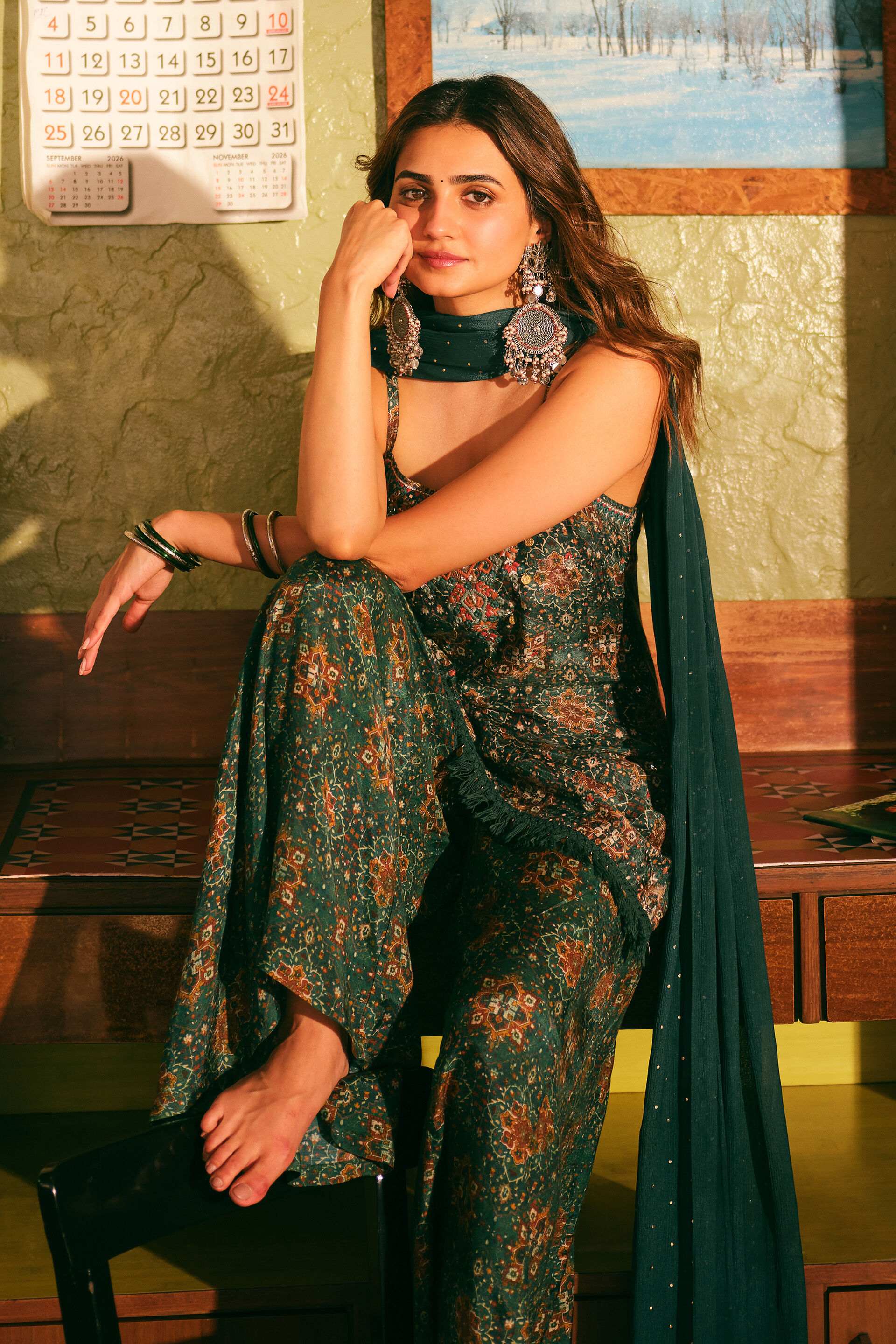 Solid Kurta Set in Green, Green, image 4