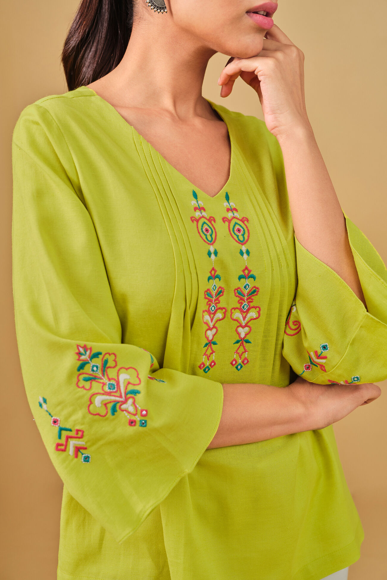Pleated Lime Green Embroidered Top, Lime, image 6