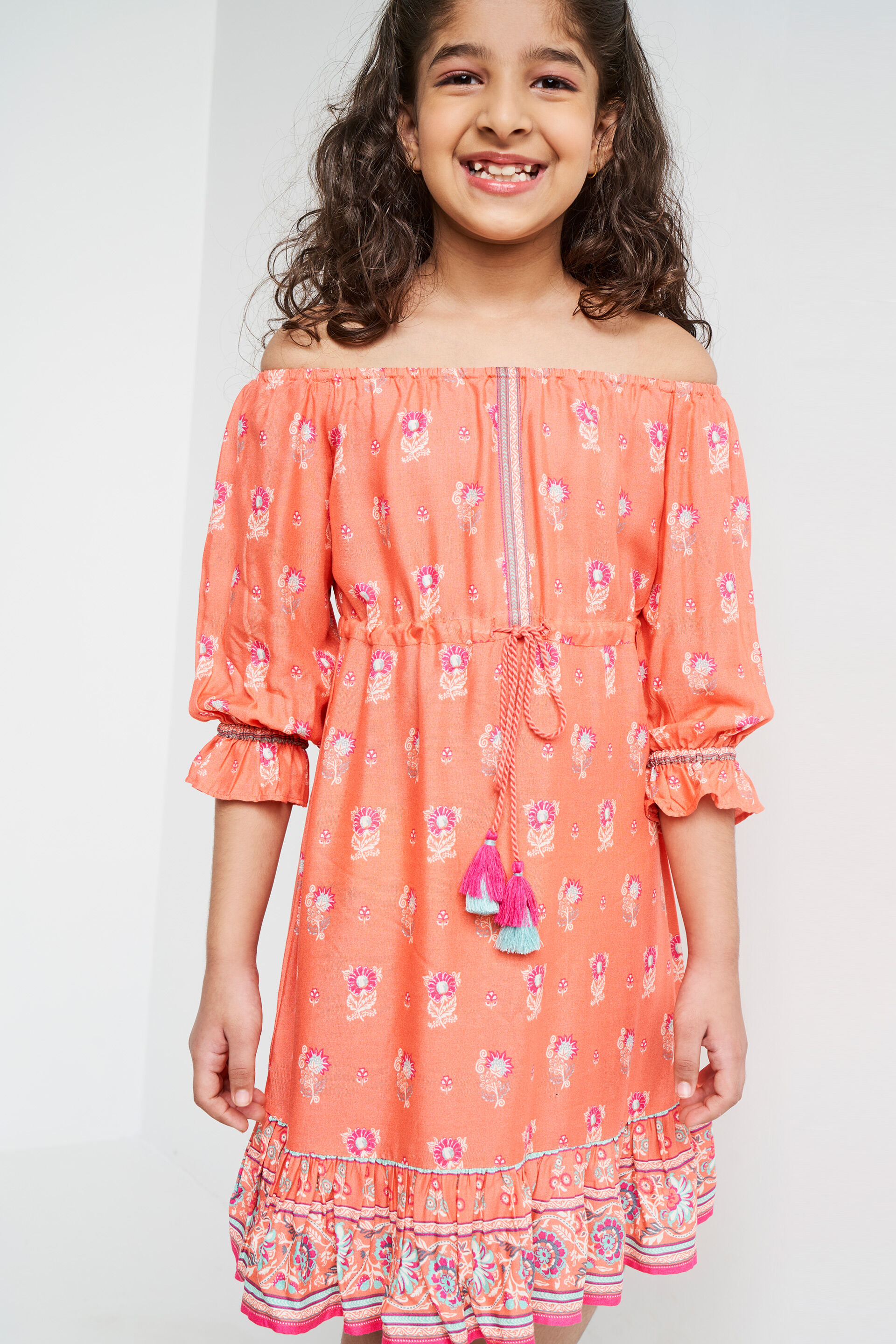 Coral Self Design Flounce Dress, Coral, image 3