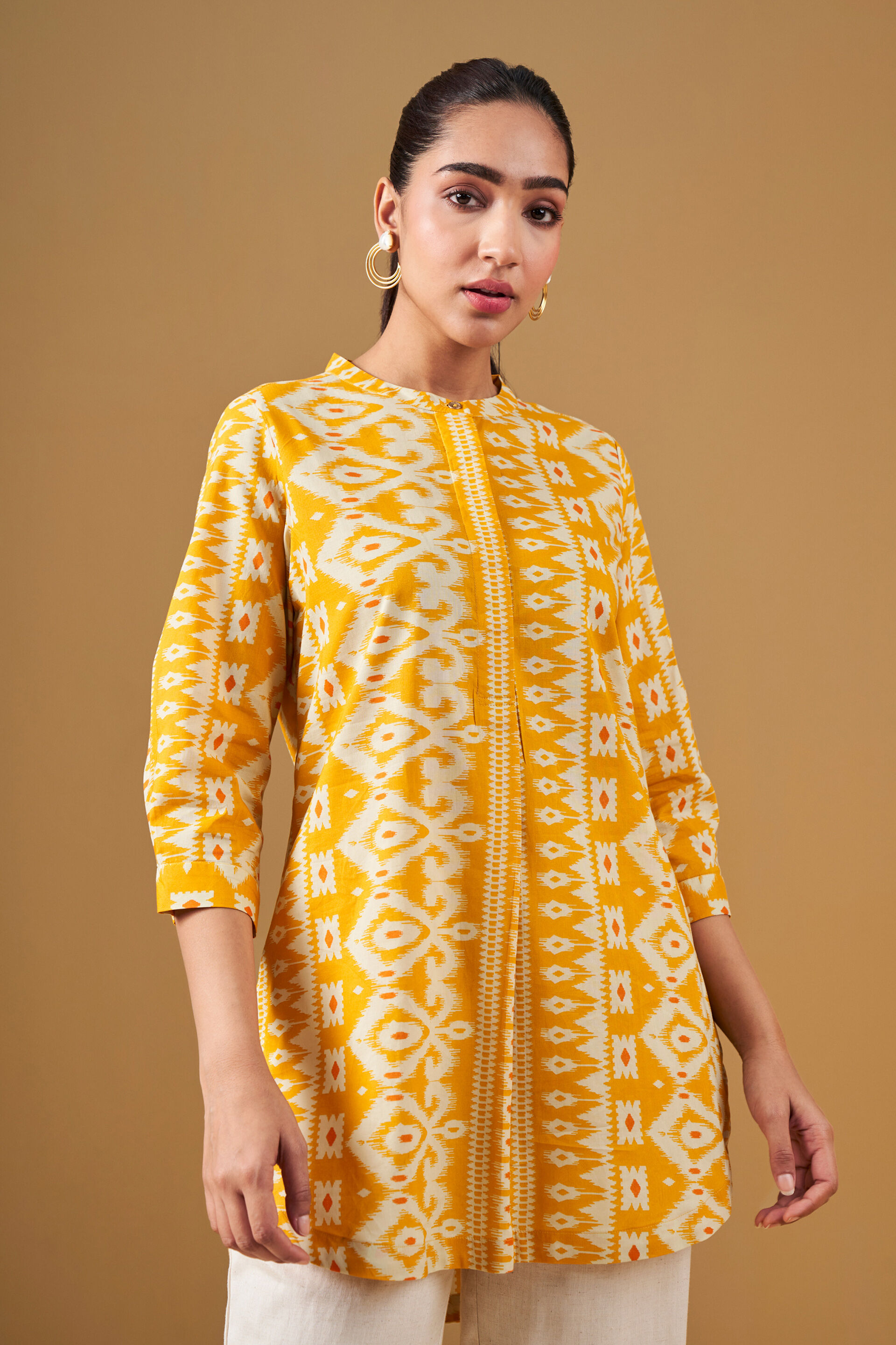 Ikat Print Cotton Yellow Tunic, Yellow, image 3