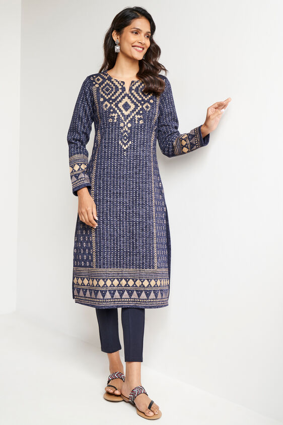 Navy Blue Foil Print Straight Slip-On Kurta, Navy Blue, image 3
