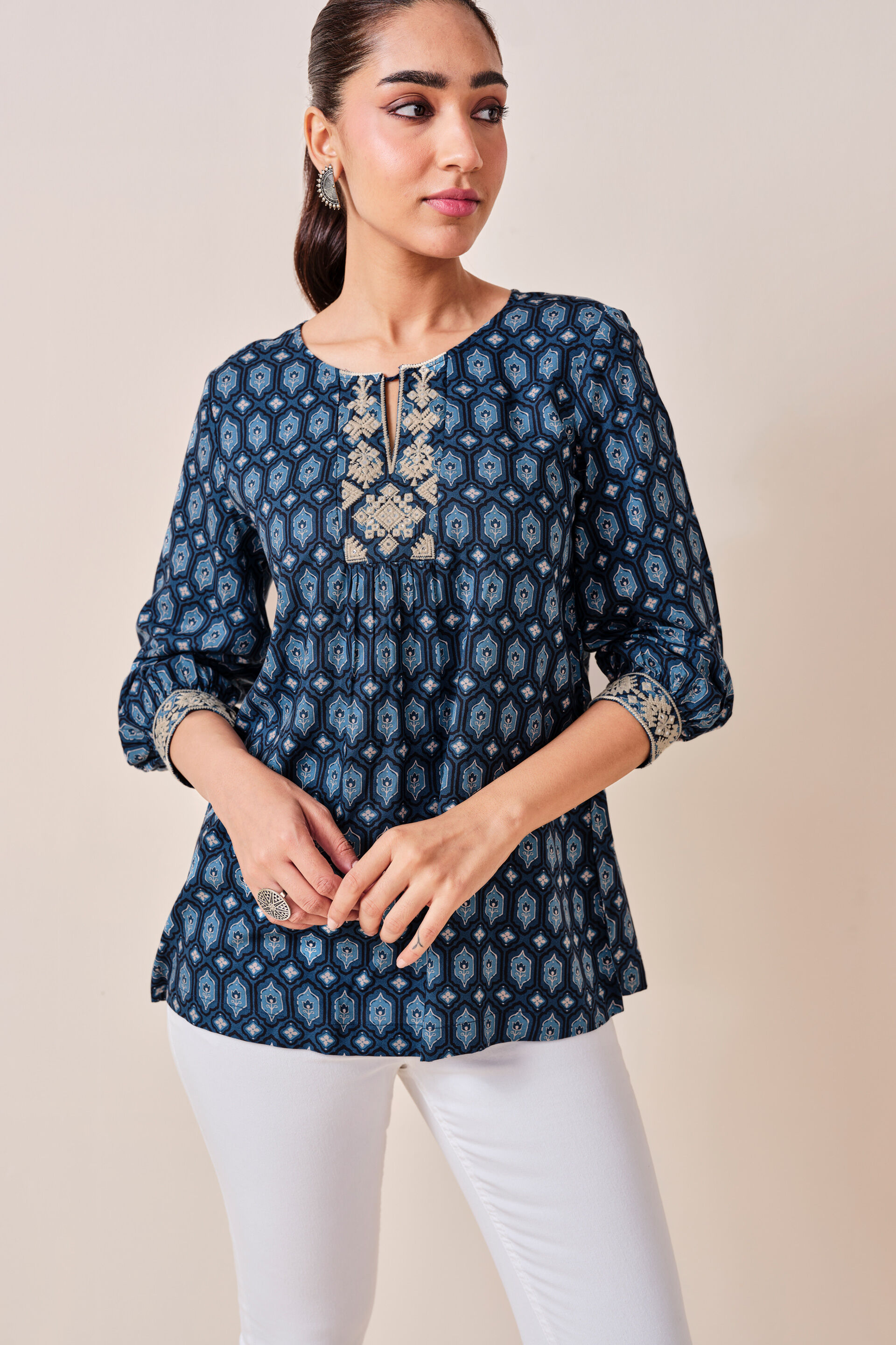 Indigo Floral Print Viscose Top, Indigo, image 7