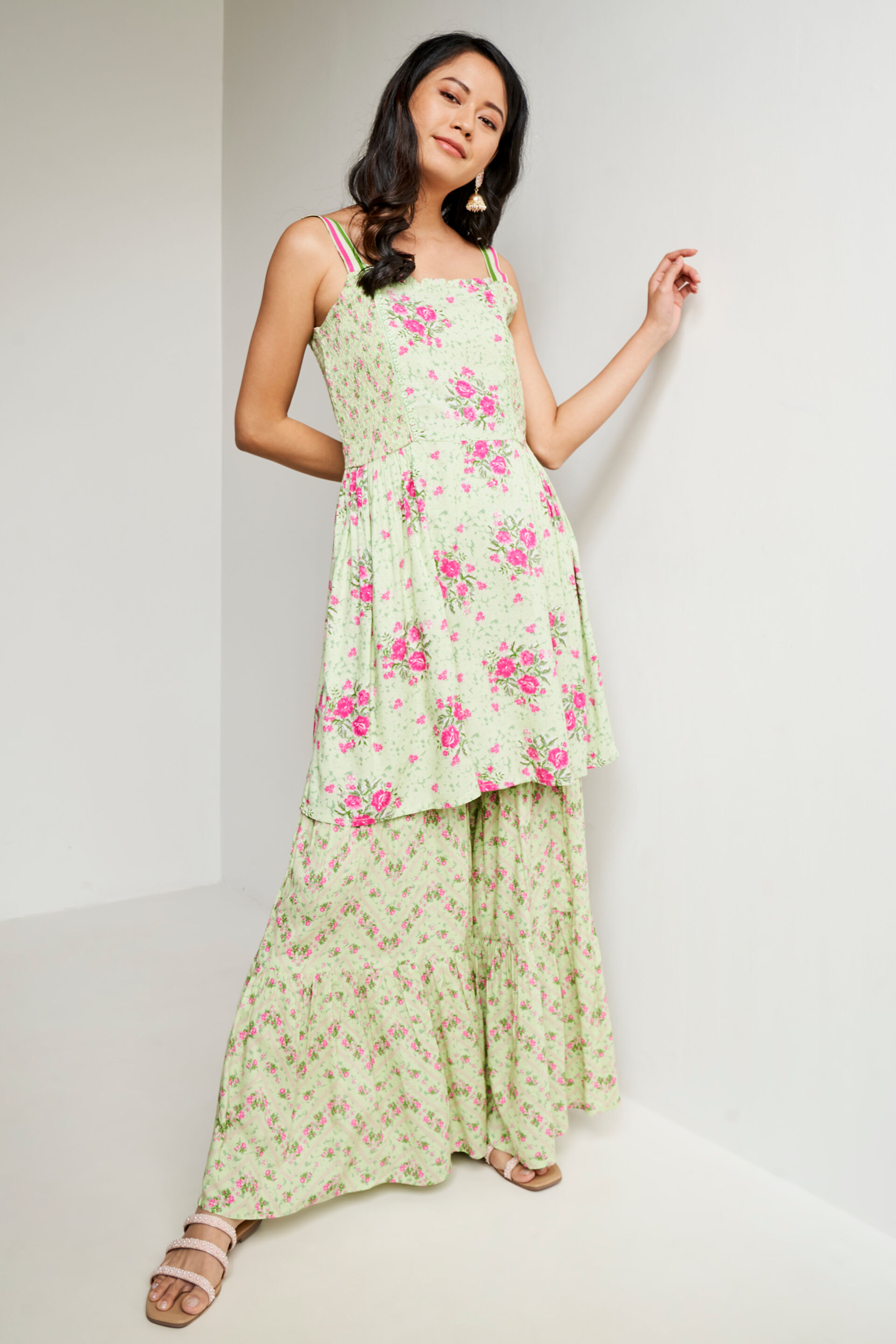 Buy Sage Green Floral Flared Suit Online at Best Price at Global