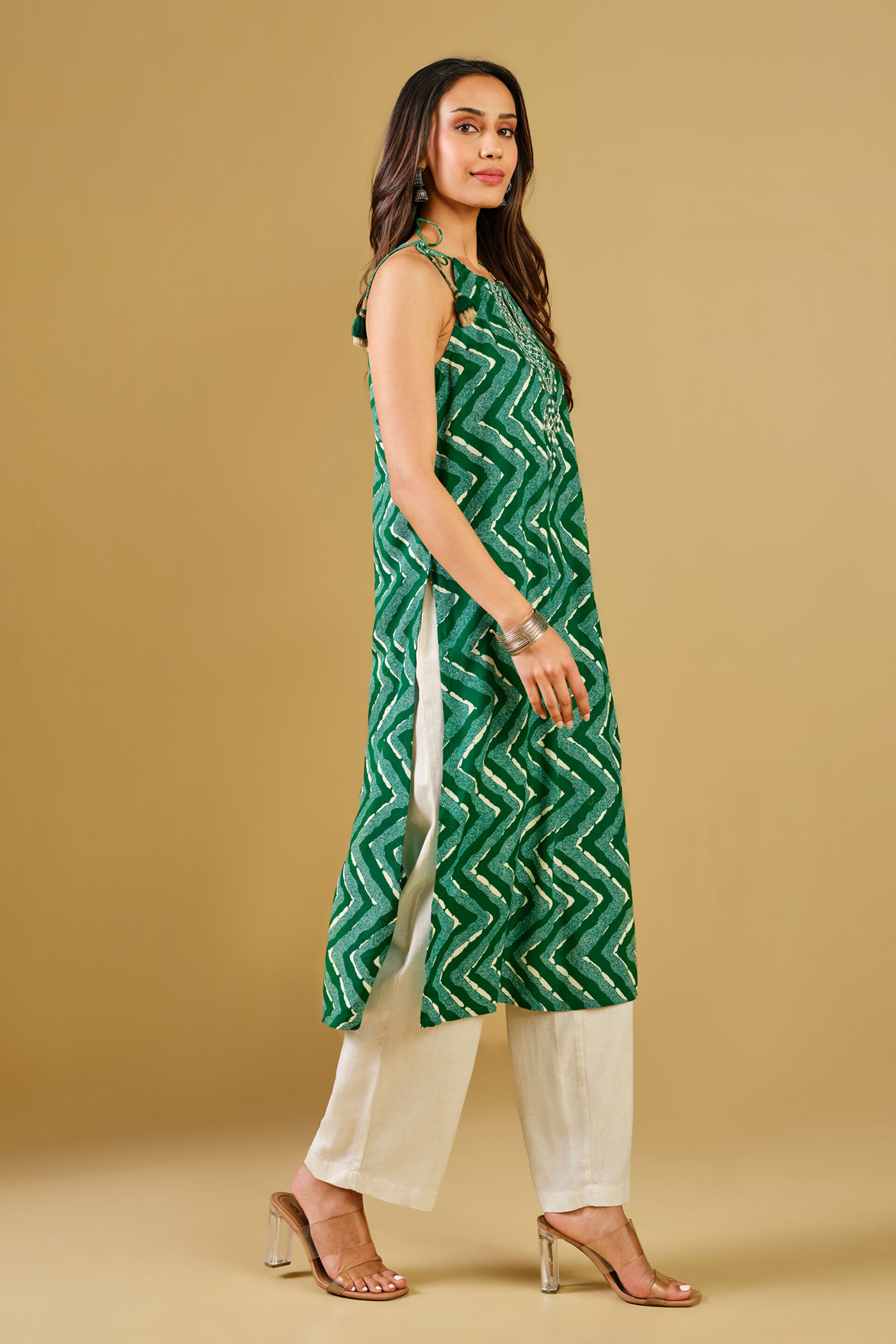 Abstract Print Green Viscose Kurta, Green, image 3