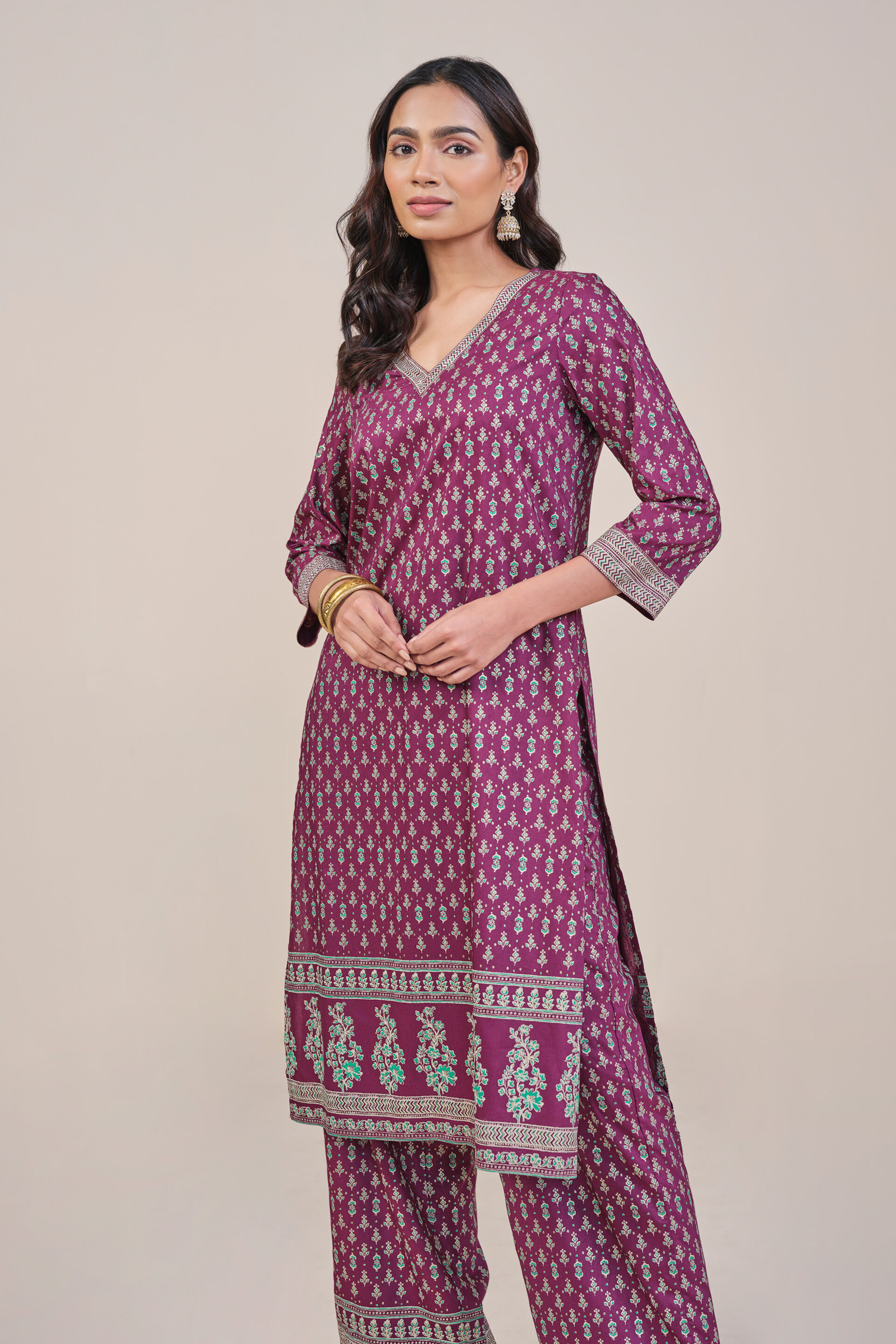 Wine Foil Print Kurta Set, Wine, image 4