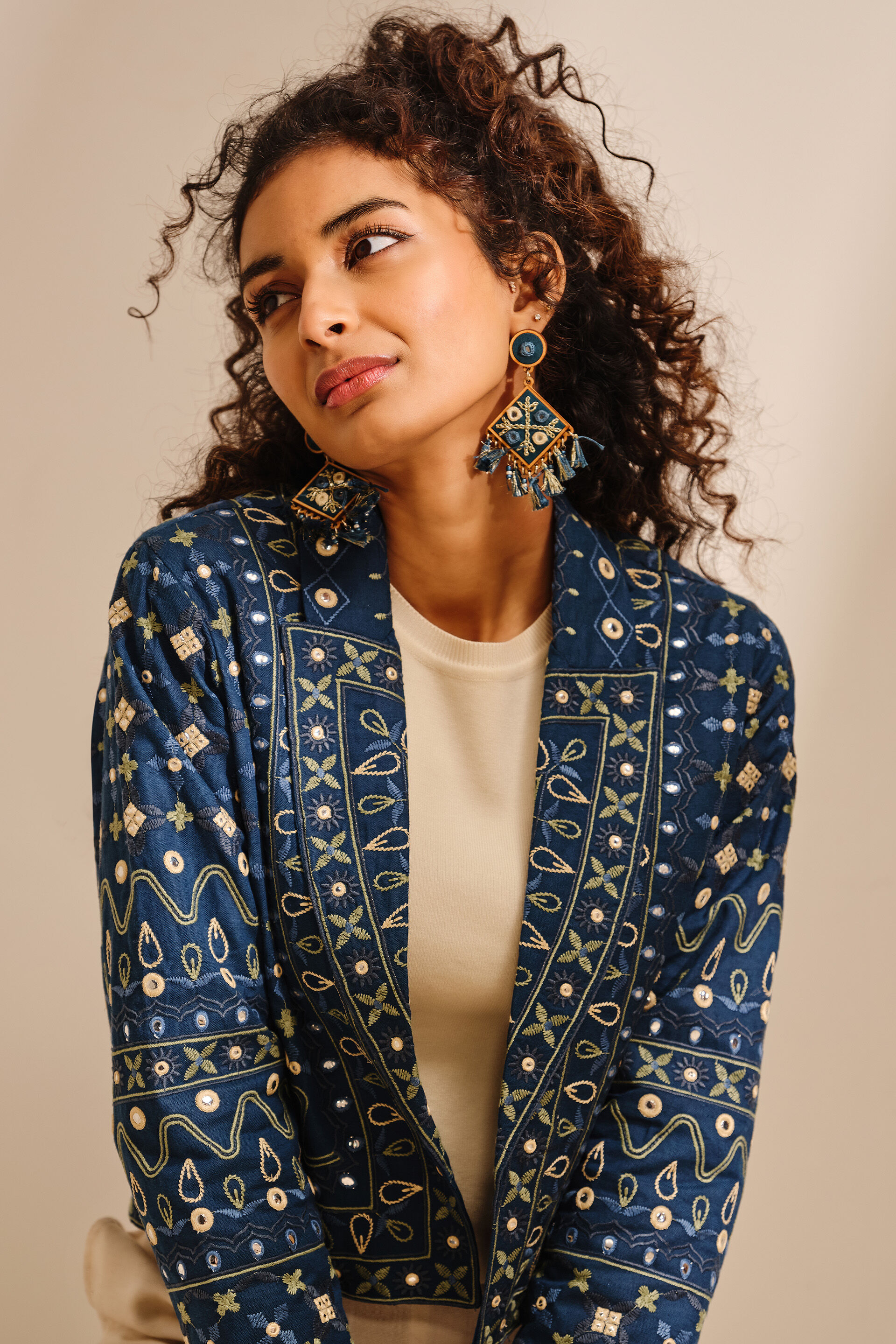 Indigo Mirrorwork Embroidered Jacket