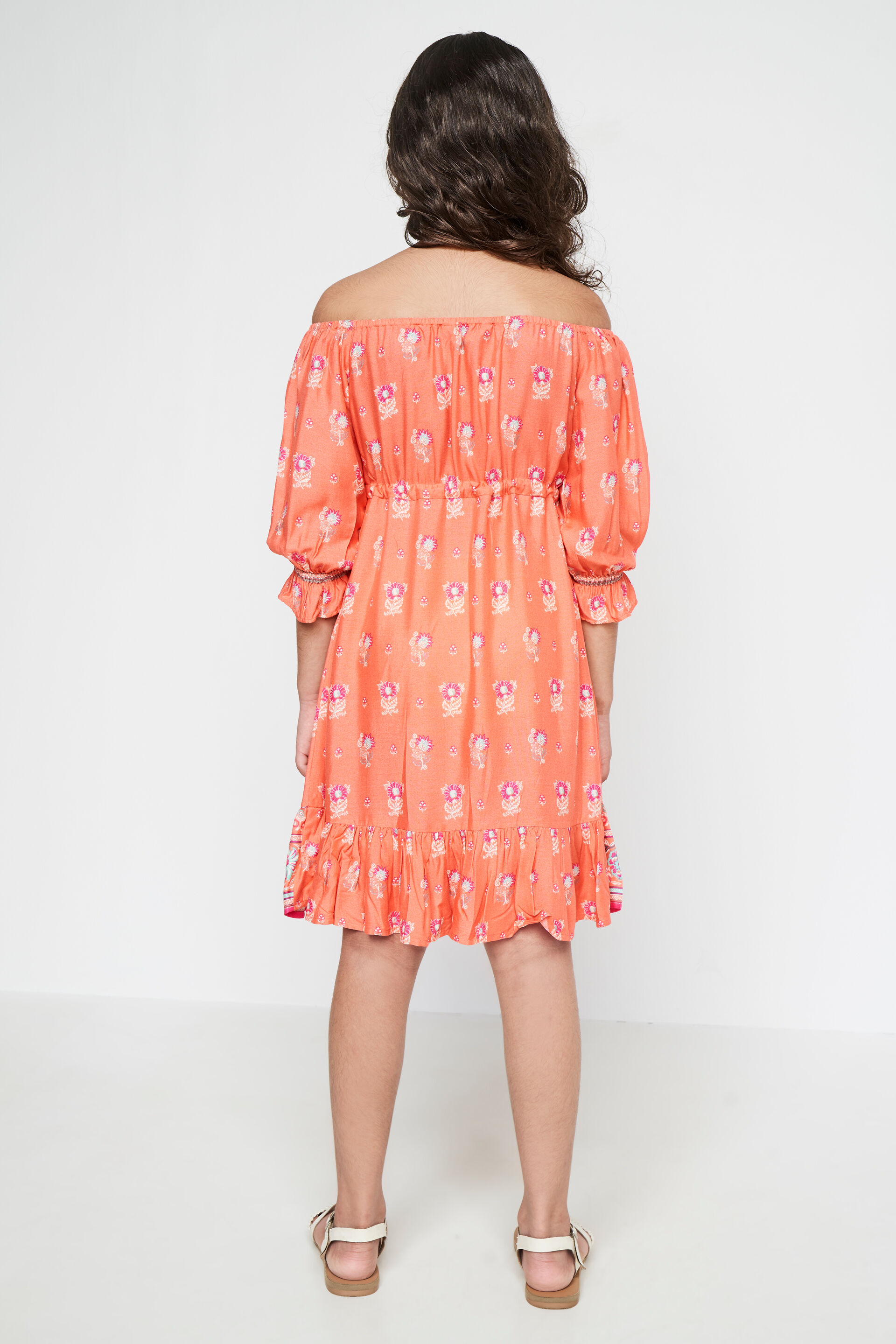 Coral Self Design Flounce Dress, Coral, image 5