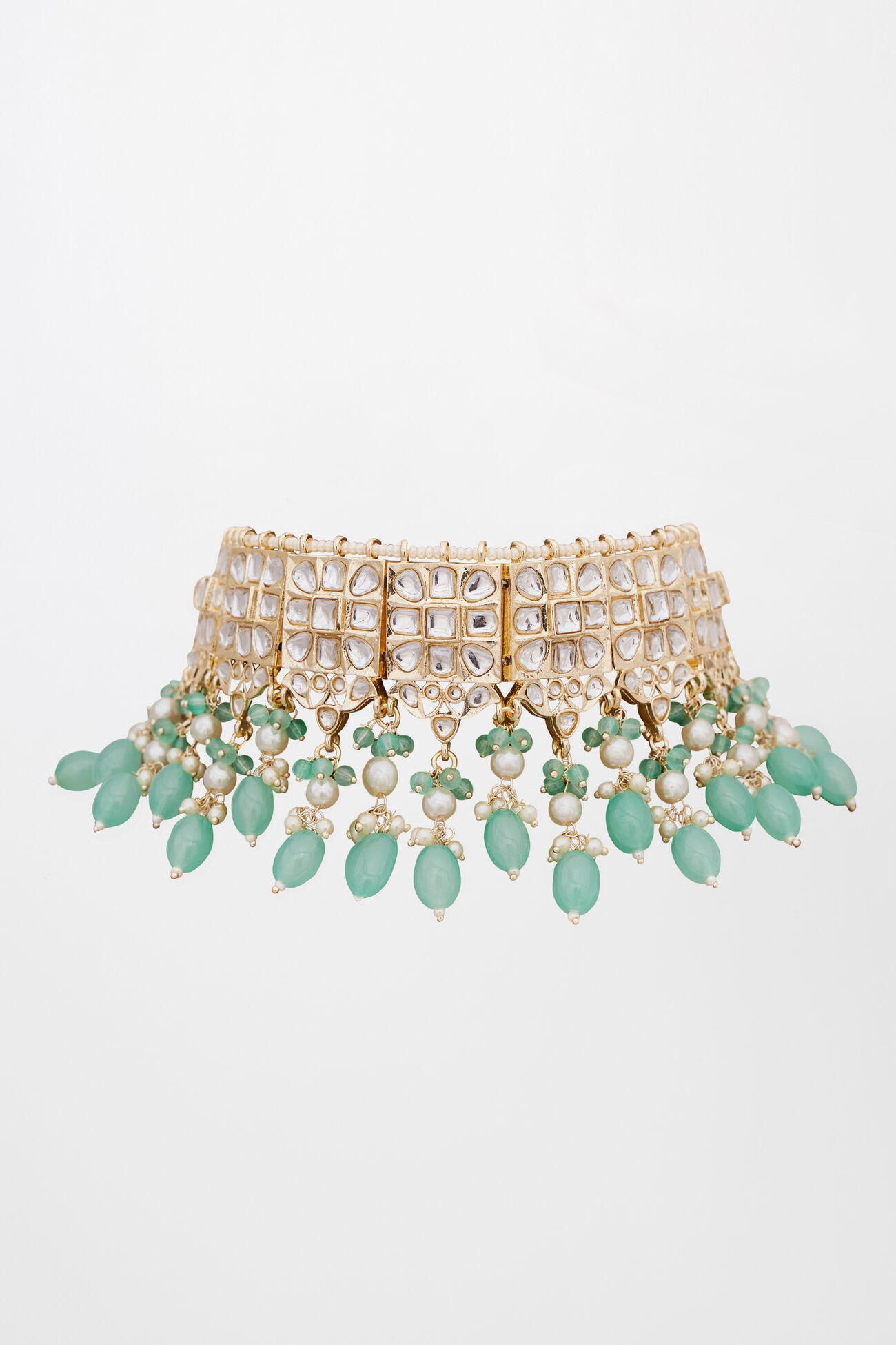 Sage Green Brass Beads Stone and Pearls Neckpiece, , image 1