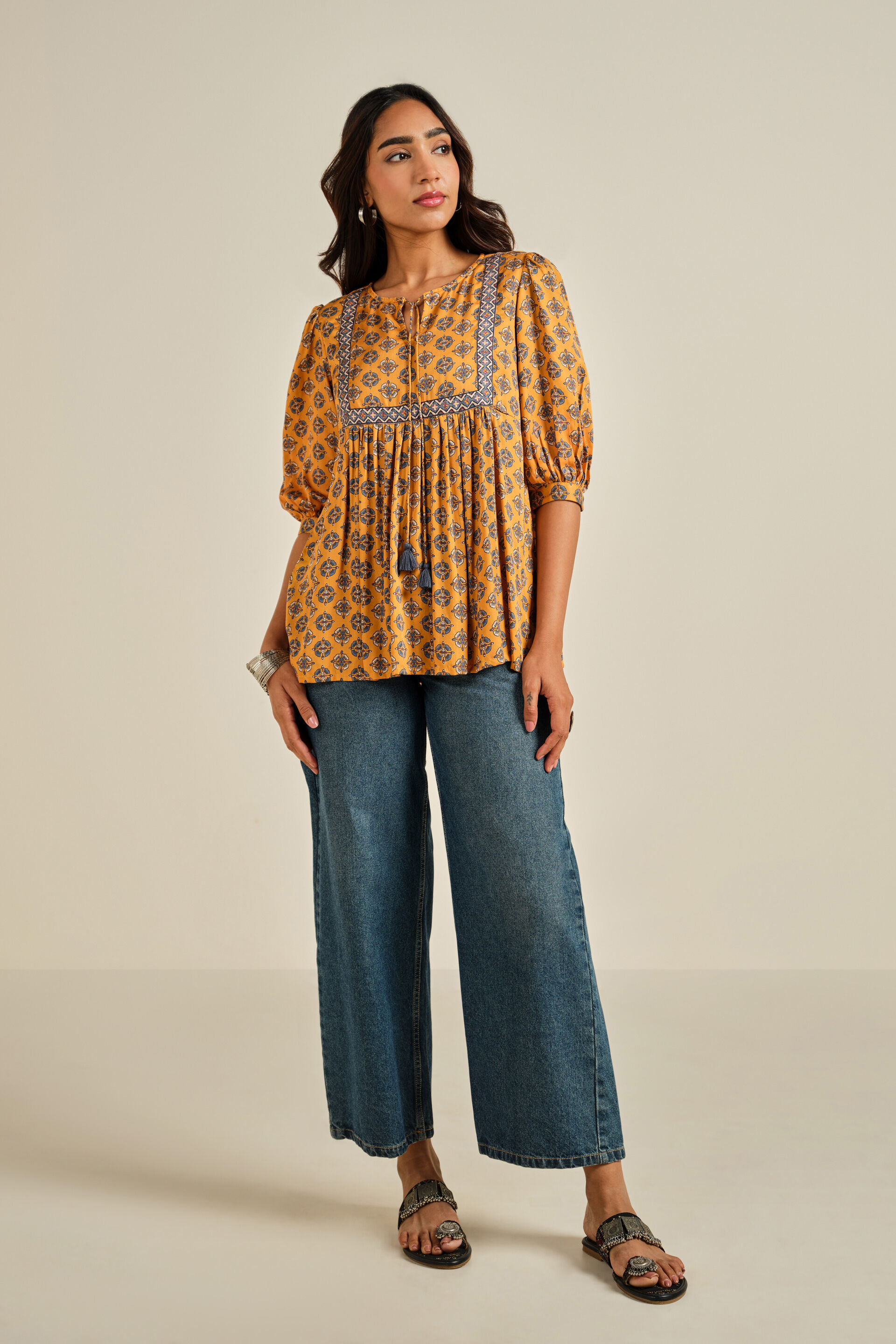 Rangrez Printed Top, Mustard, image 2