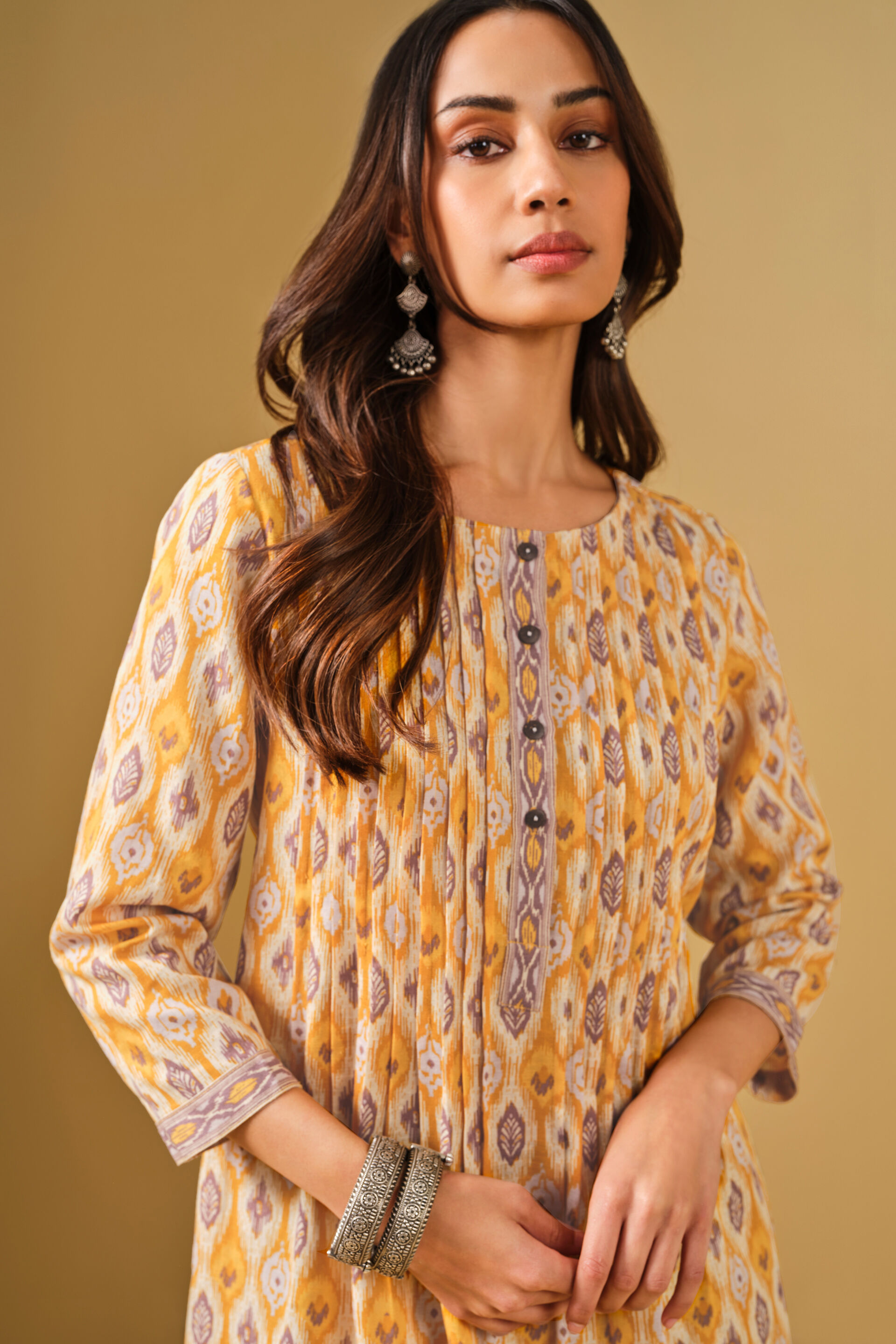 Ethnic Motif Yellow Viscose Kurta Set, Mustard, image 5