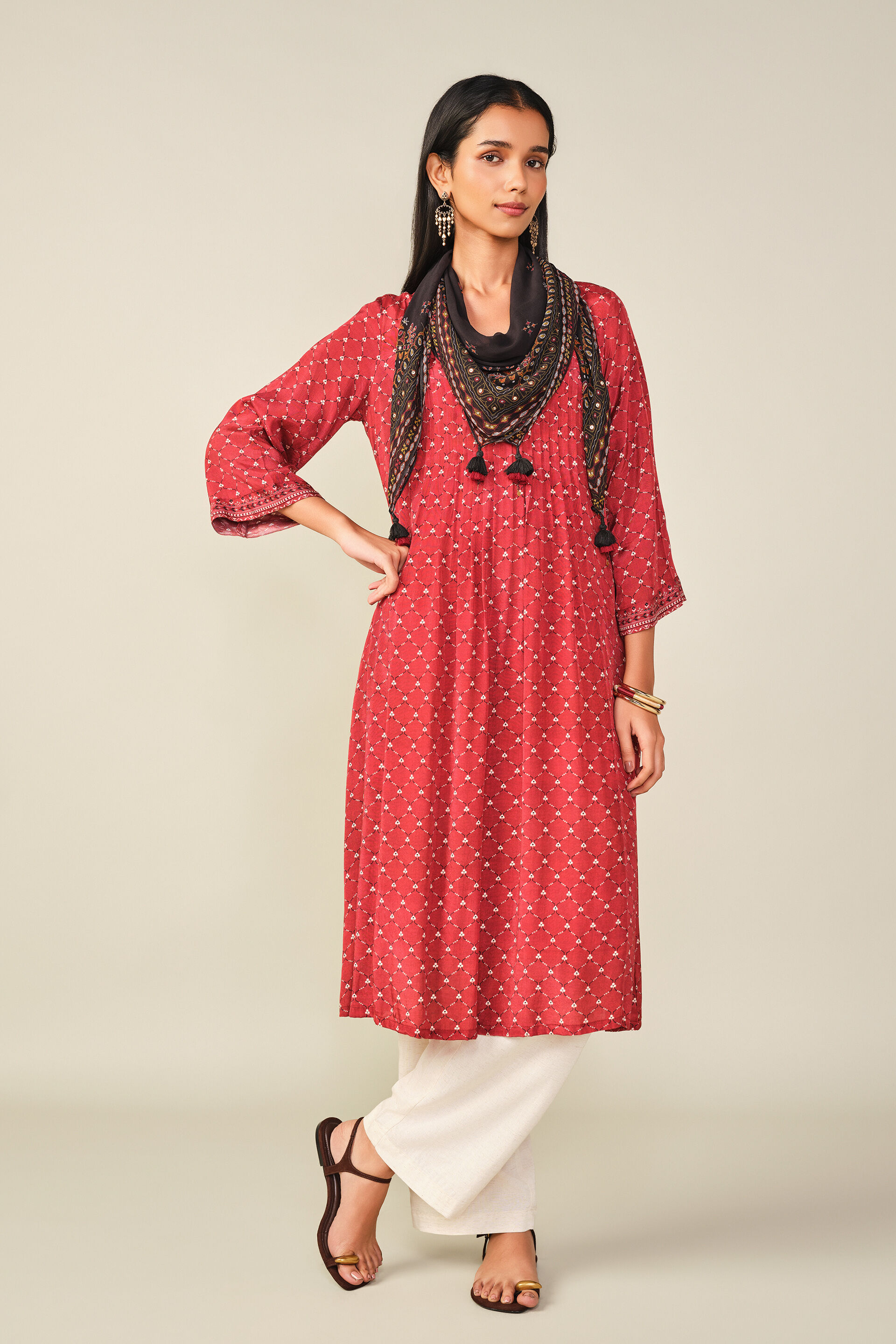 A-Line Printed Kurta in Maroon