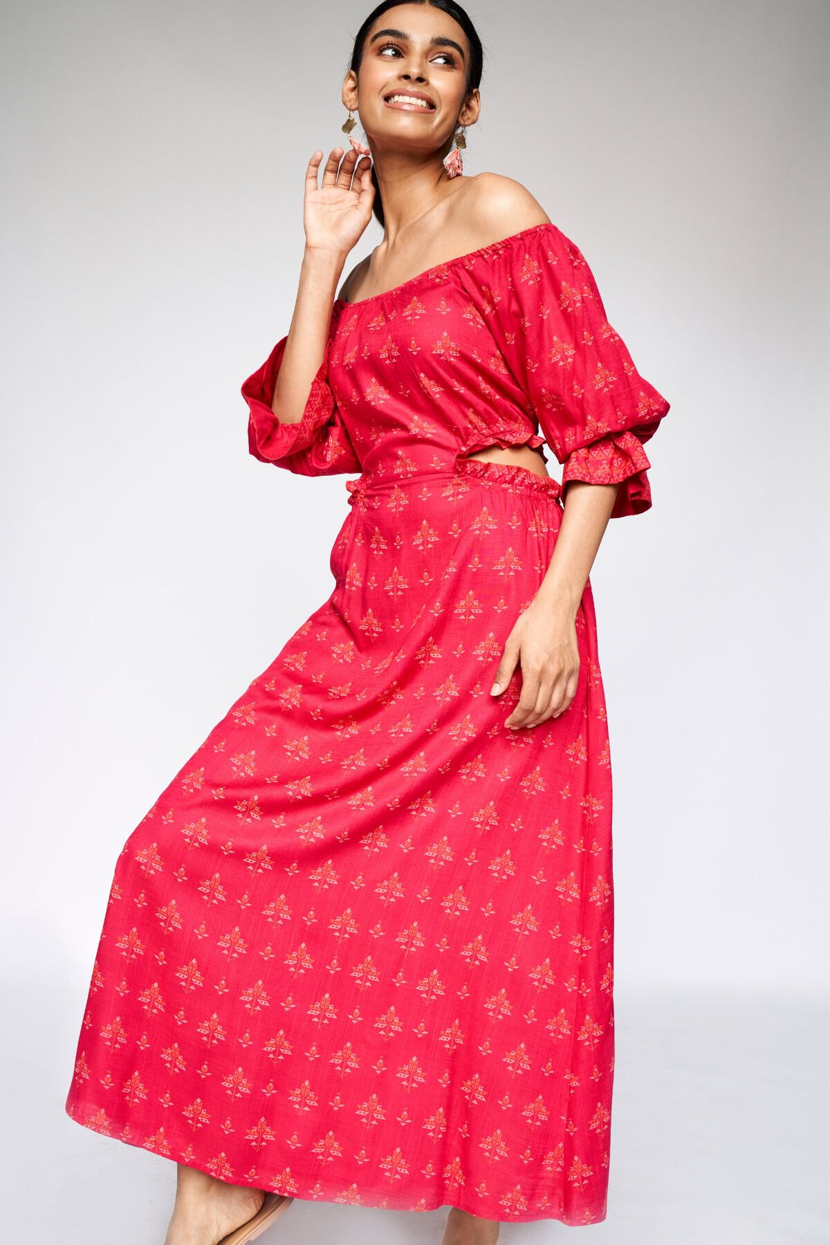 Hot Pink Ethnic Motifs Cut Out Gown 