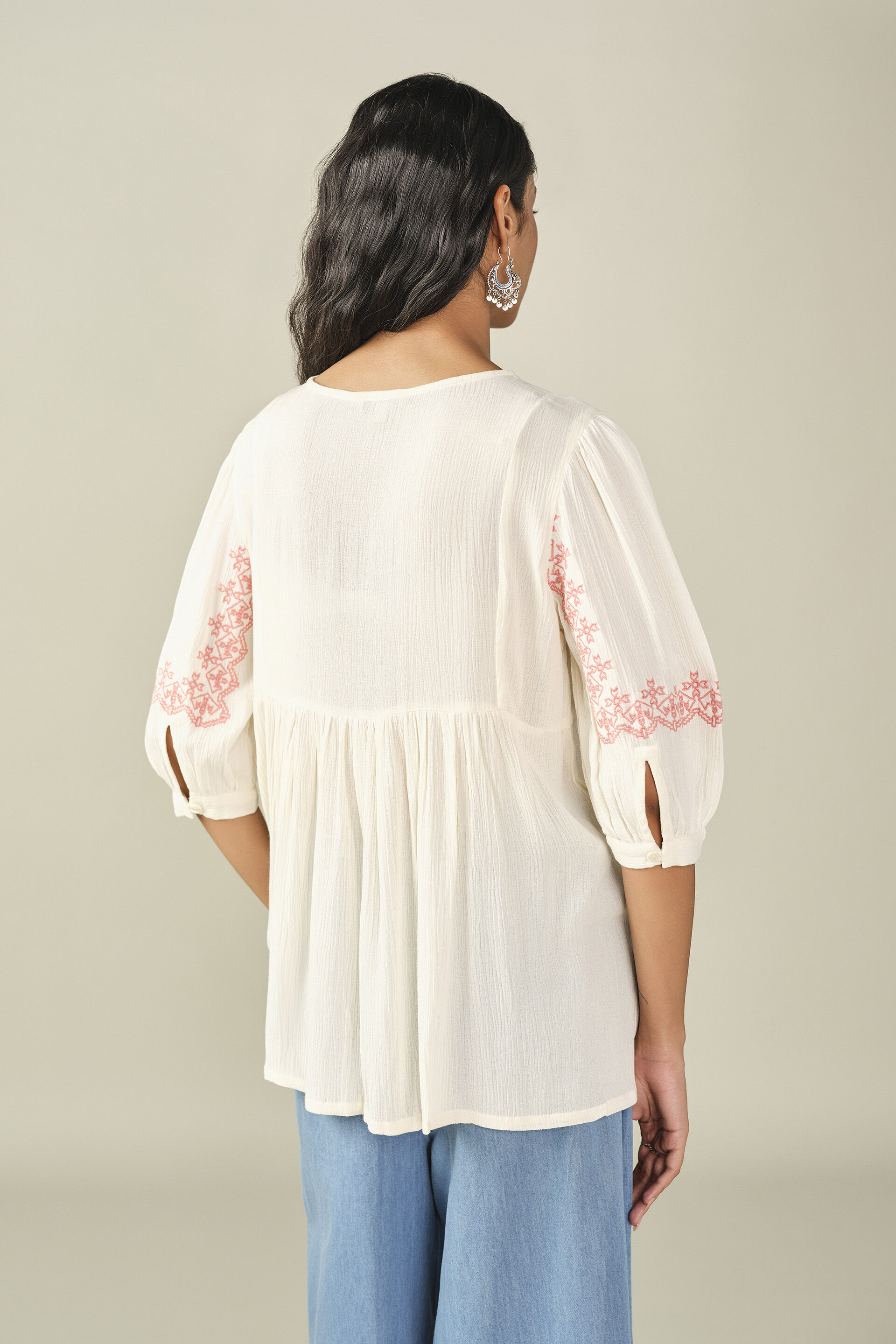 Embroidered Yoke Top in White, White, image 4
