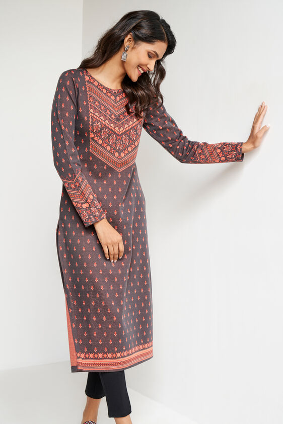 Brown Jacquard Straight Slip-On Kurta, Brown, image 2