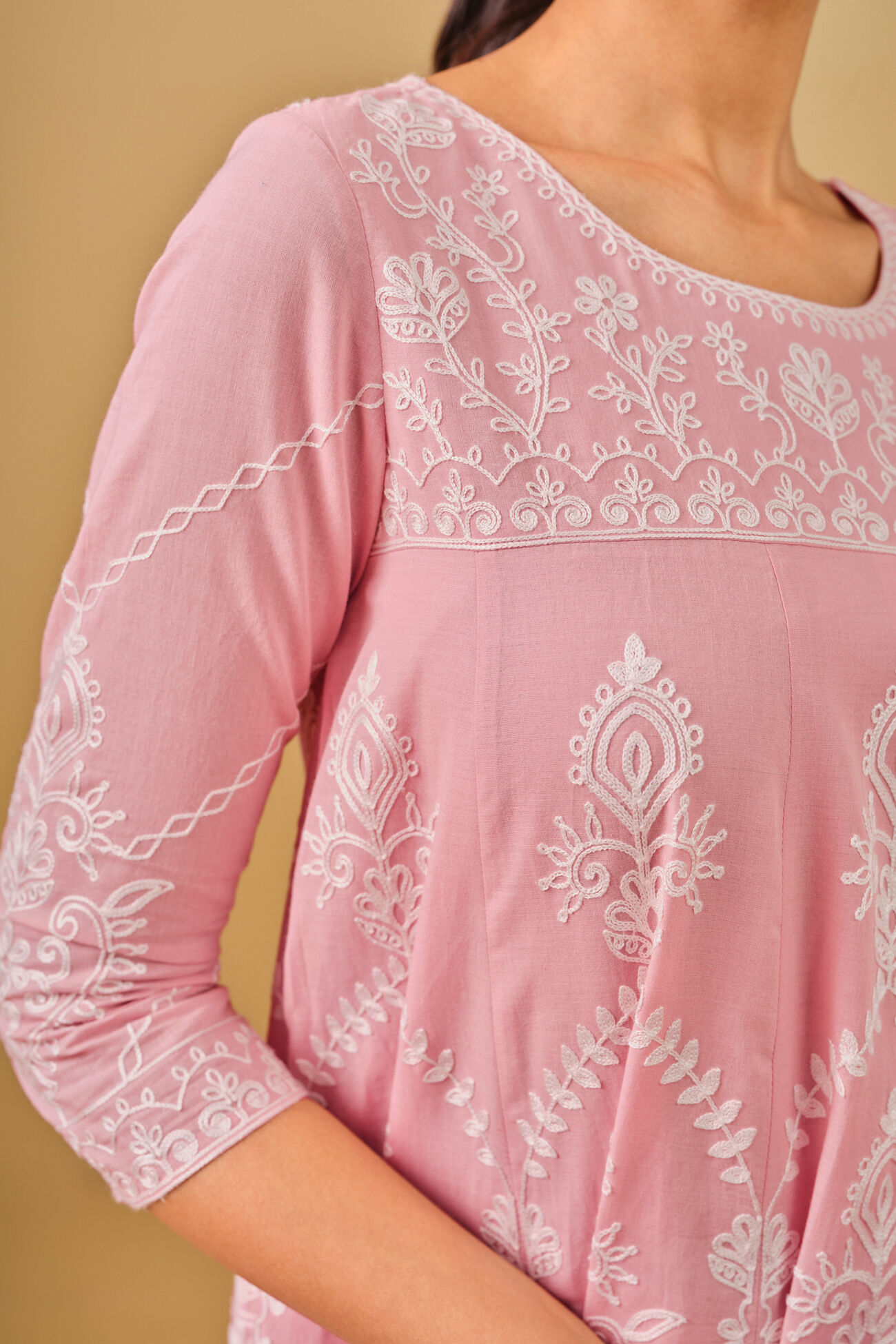 Pink Embroidered Cotton Kurta Set, Pink, image 6