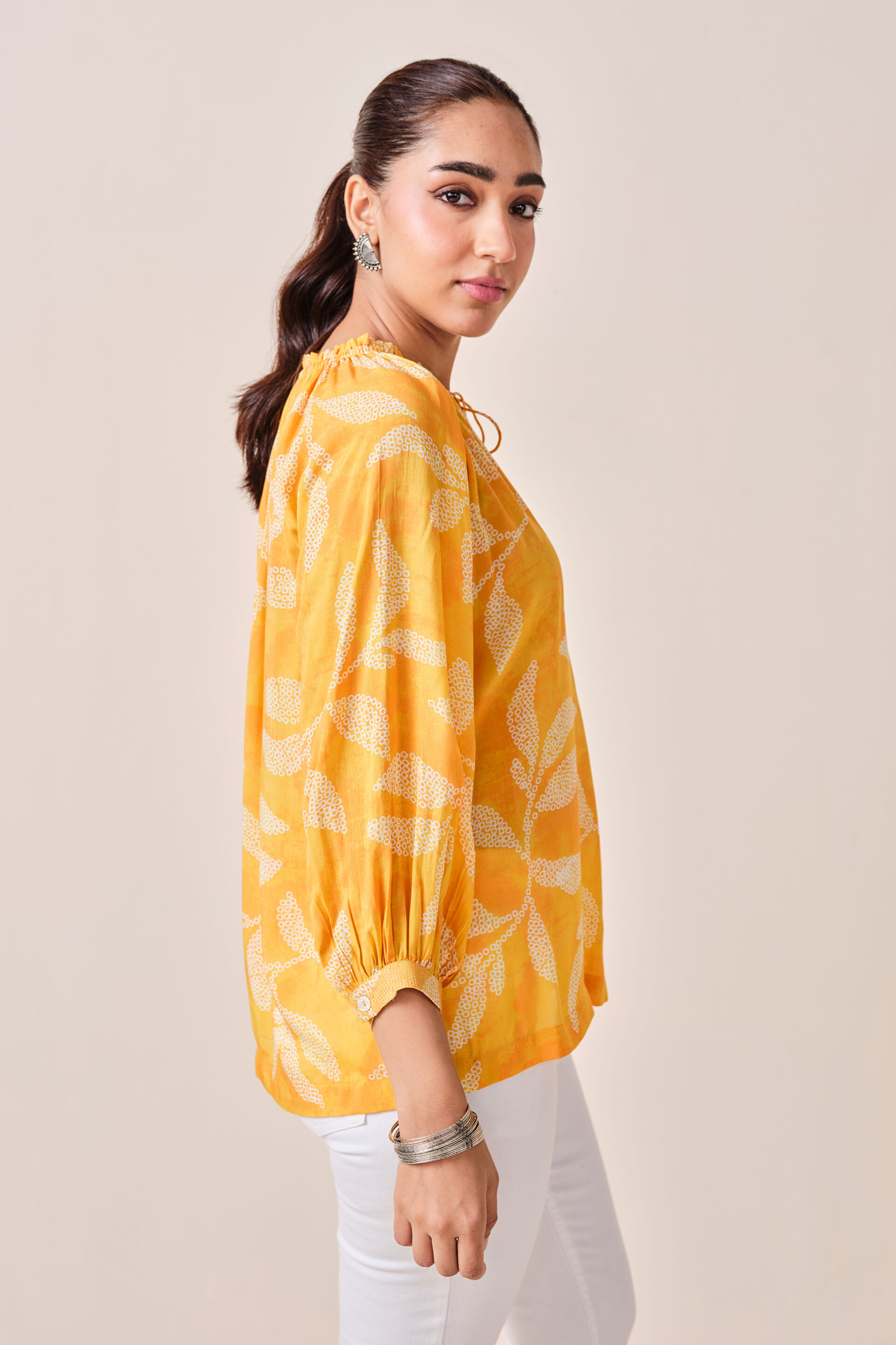 Mustard Leaf Print Viscose Top, Mustard, image 4