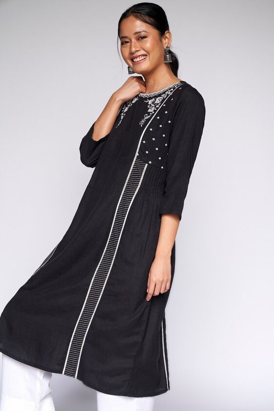 3 - Black Embroidered Fit and Flare Kurta, image 3