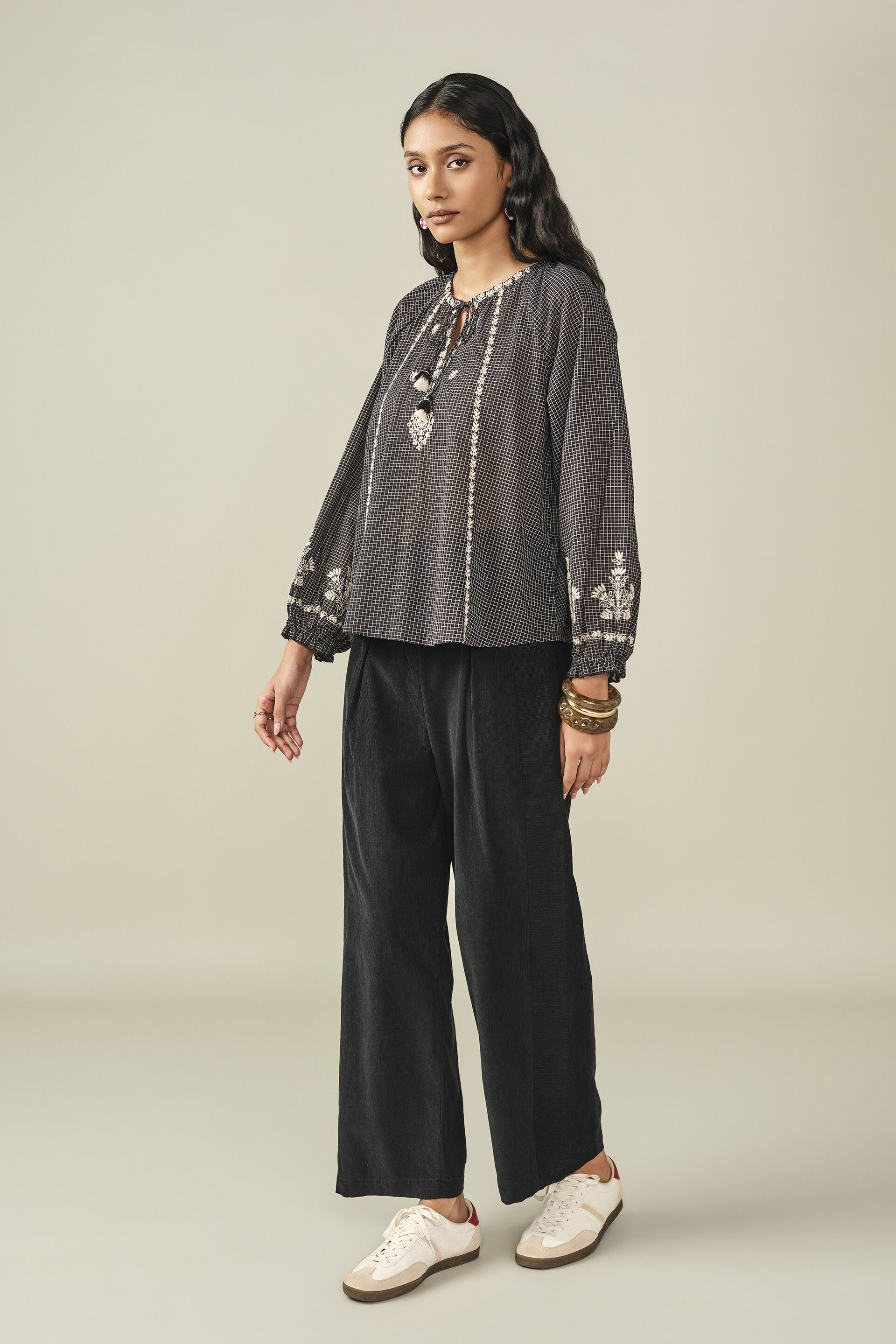 Embroidered Cotton Peasant Top in Black, Black, image 4