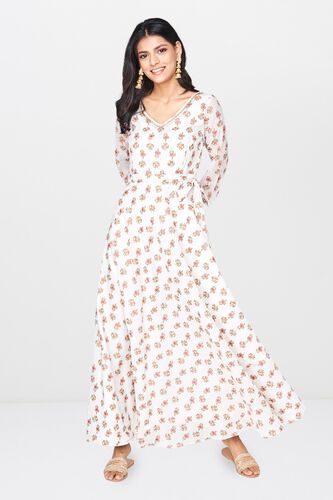 4 - Off White Floral V-Neck Fit and Flare Gown, image 4