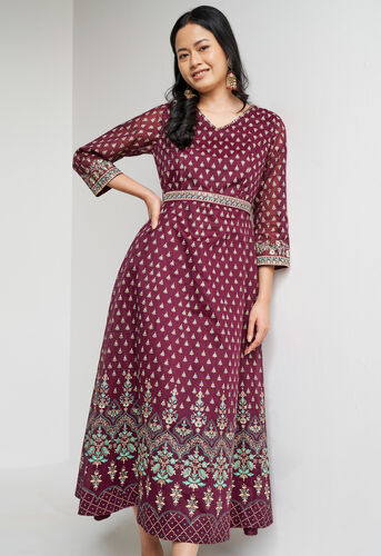 Buy our Festive Wear Wine Ethnic Motifs Flared Gown online from ANDInd