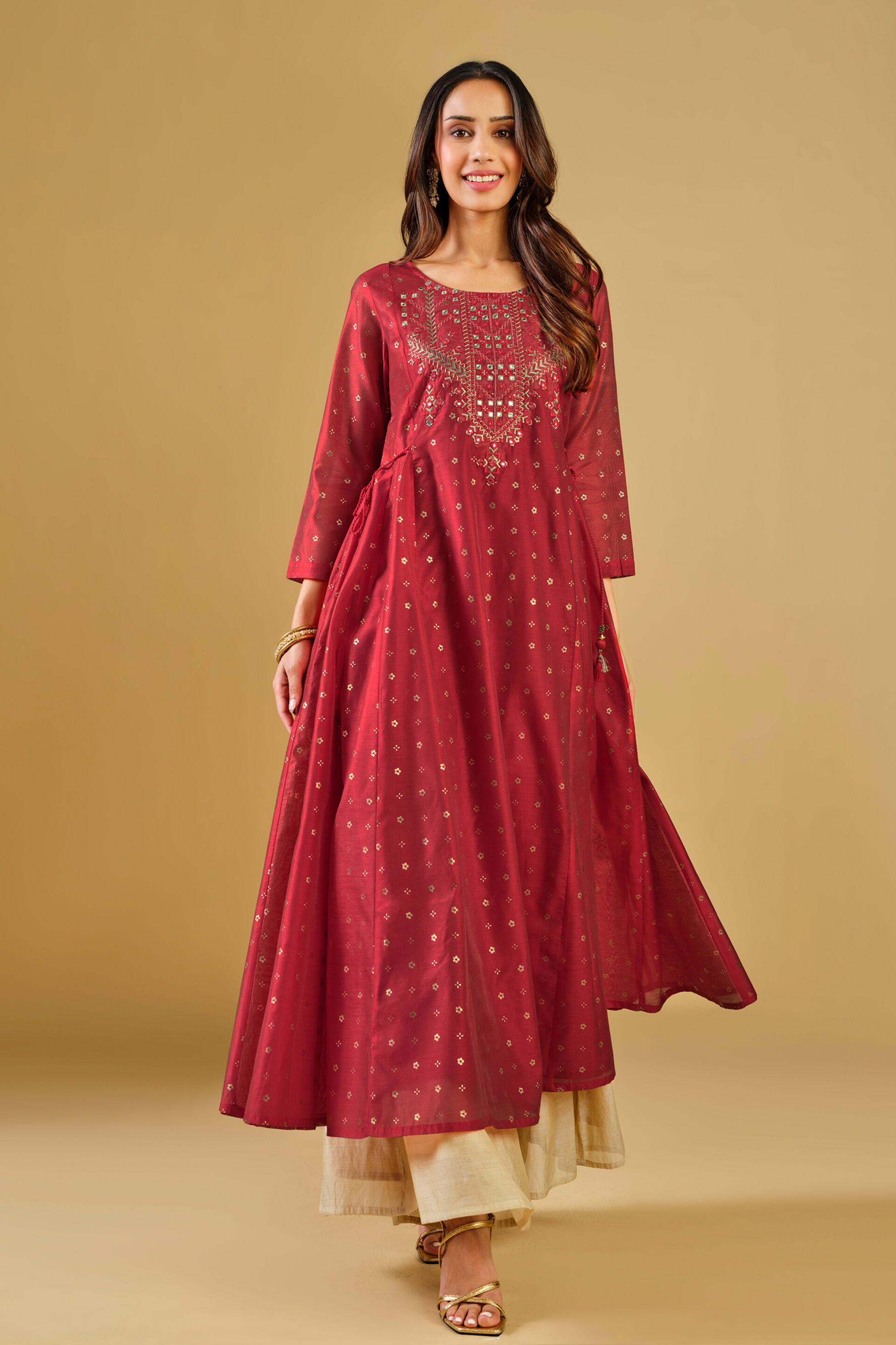 Red Viscose Blend Flared Kurta, Red, image 2