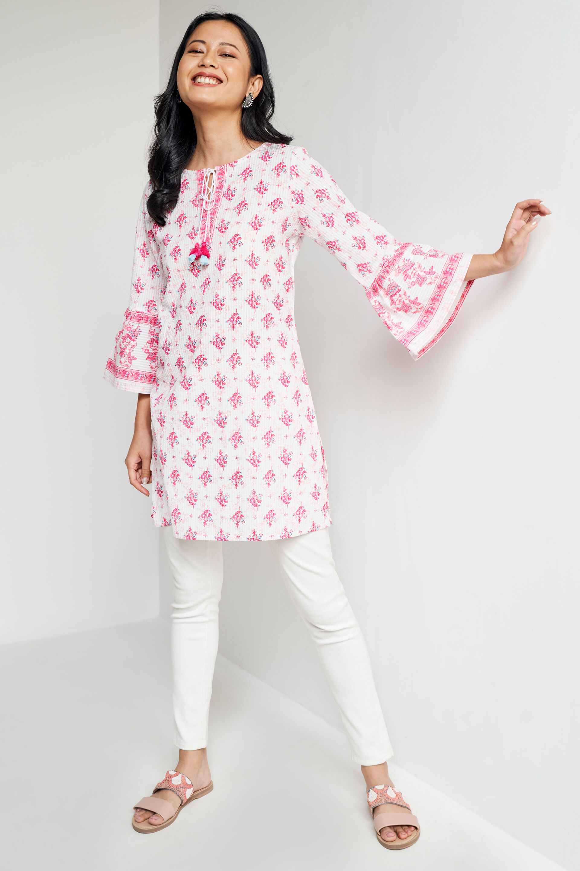 White Ethnic Motifs Straight Tunic, White, image 3