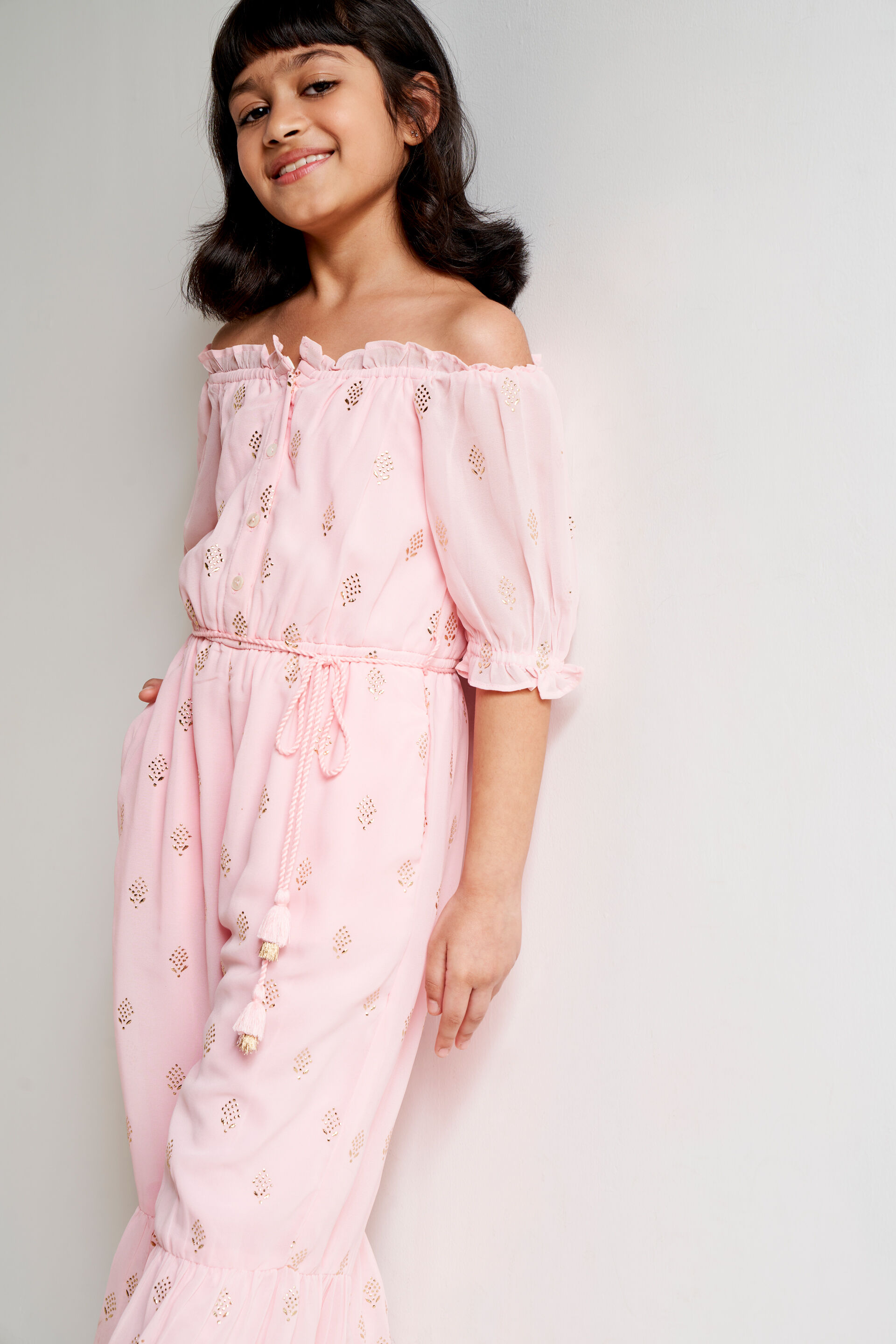Pink Foil Print Tassel Straight Jumpsuit, Pink, image 3