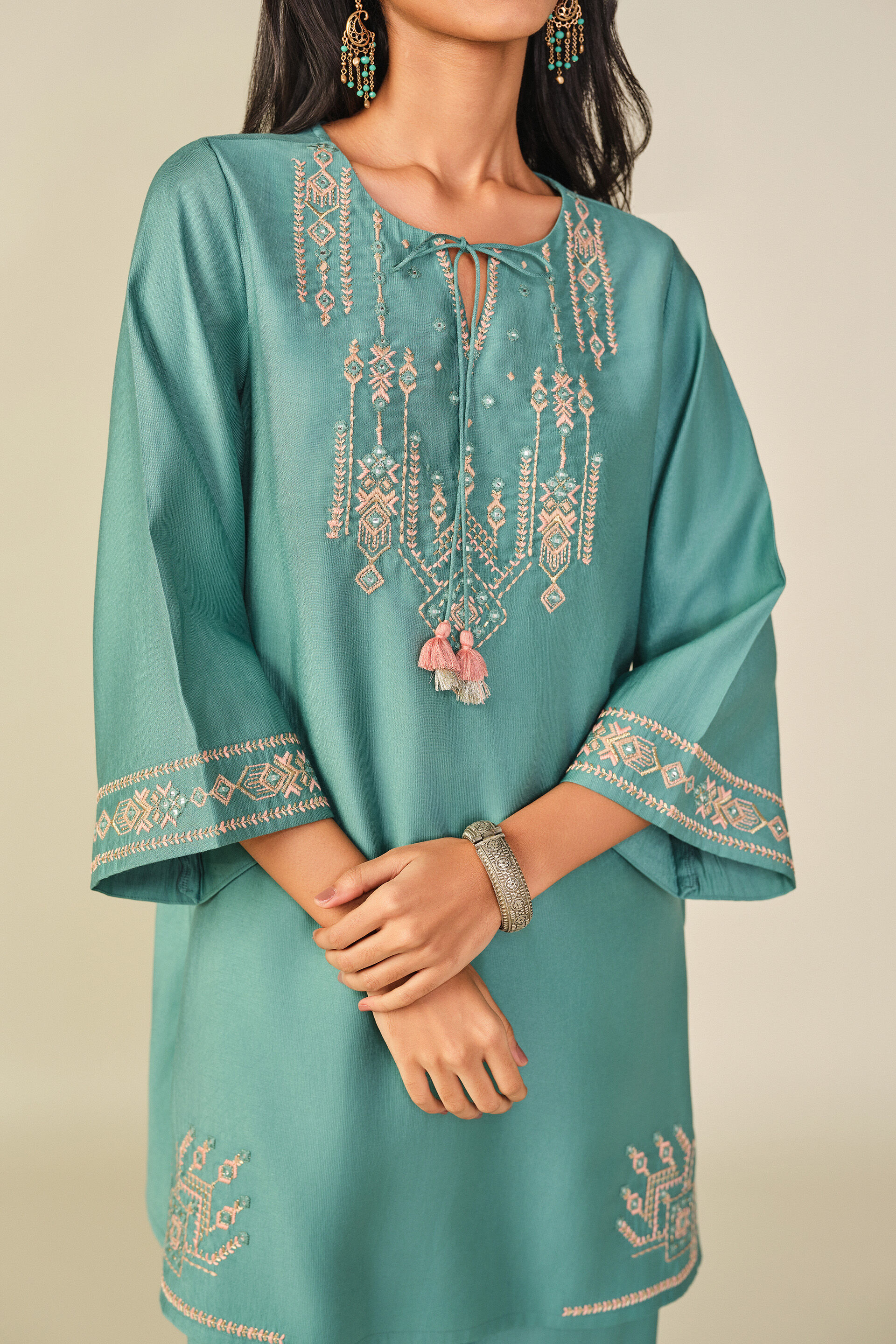 Embroidered Kurta Set in Teal, Teal, image 2