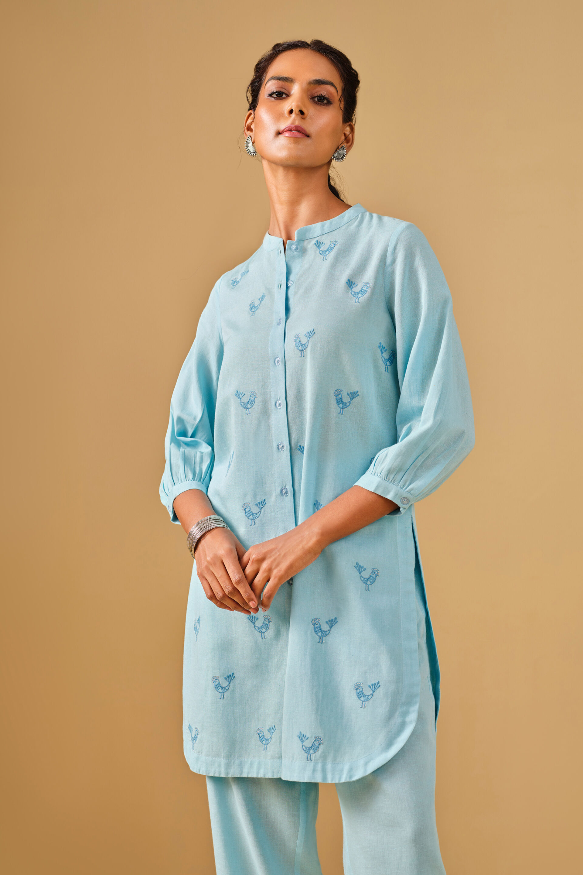 Embroidered Mandarin Collar Viscose Blend Blue Kurta Set, Blue, image 6