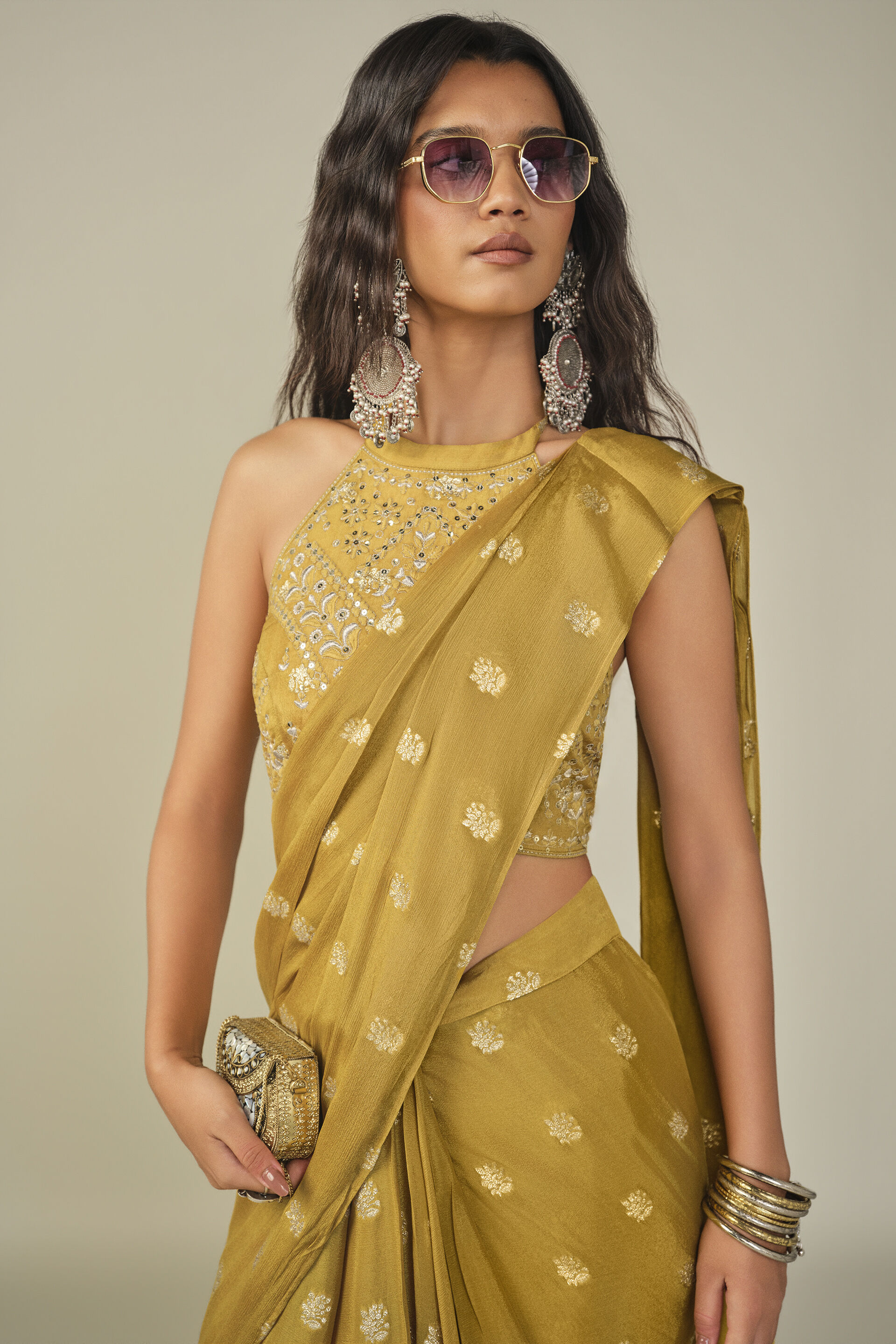 Embroidered Pre-stitched Saree in Yellow, Yellow, image 3