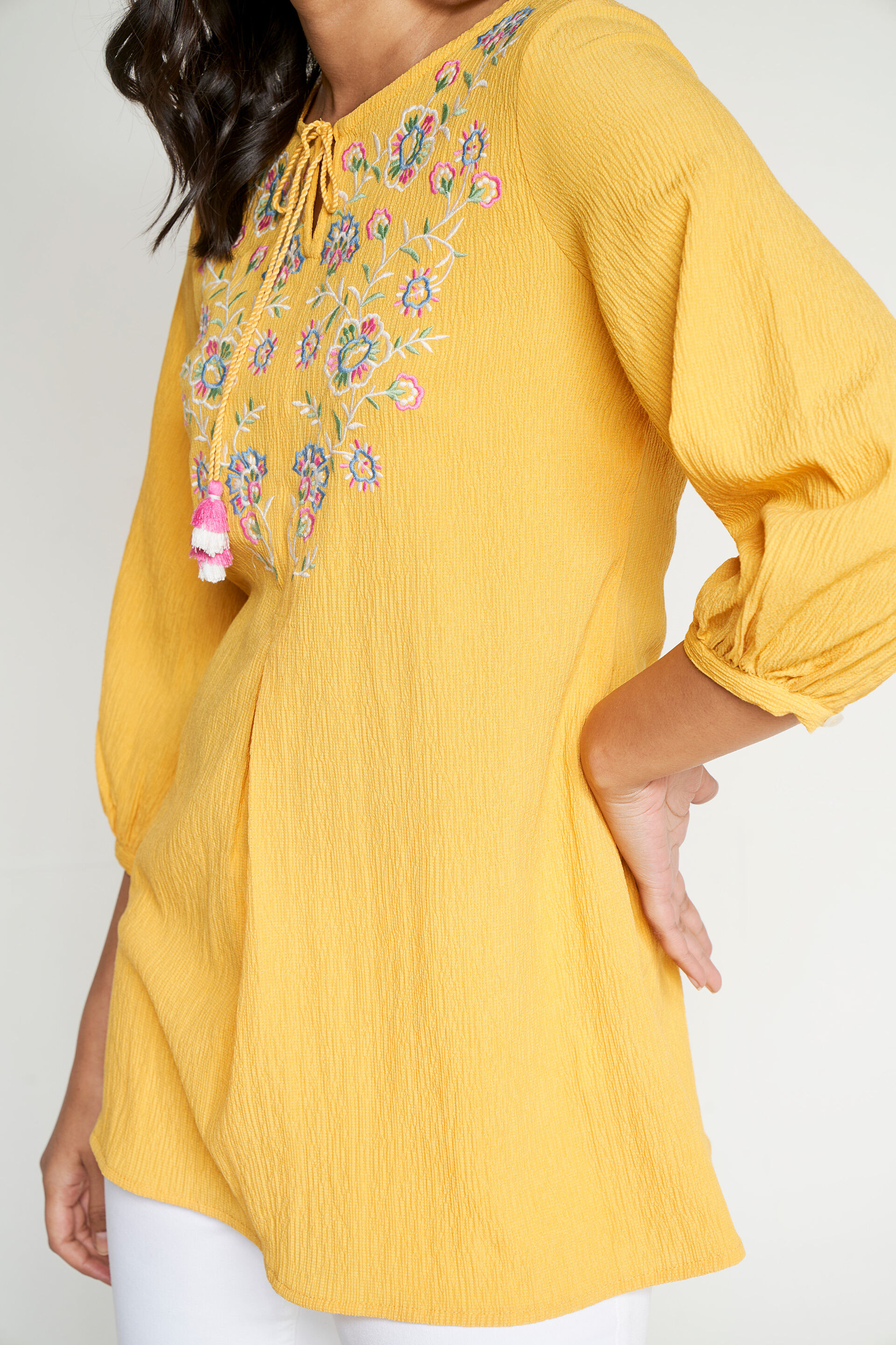 Mustard Solid Embroidered Straight Top, Mustard, image 4