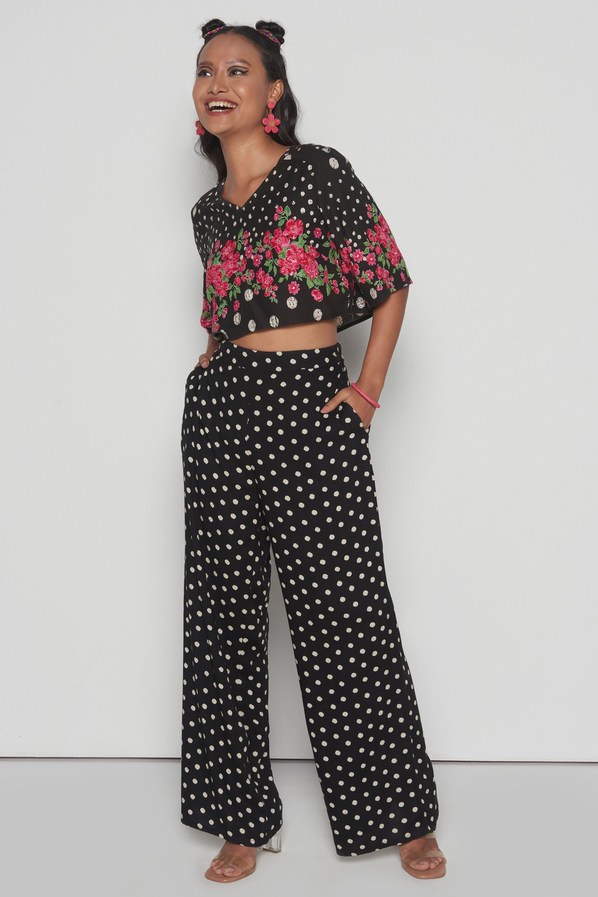 Black Floral-Polka Co-ords Set, Black, image 2
