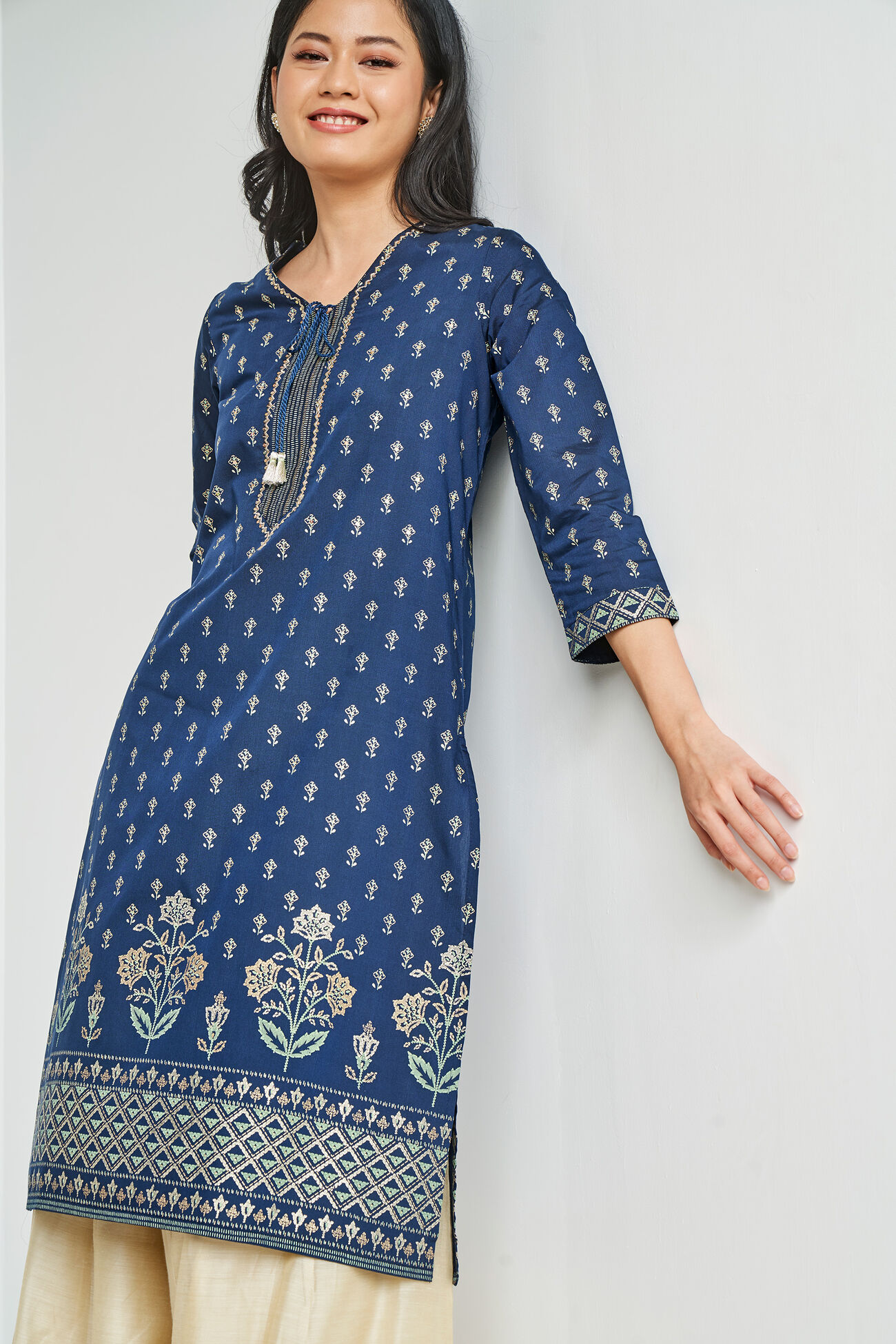 Indigo Ethnic Motifs Straight Kurta, Indigo, image 4