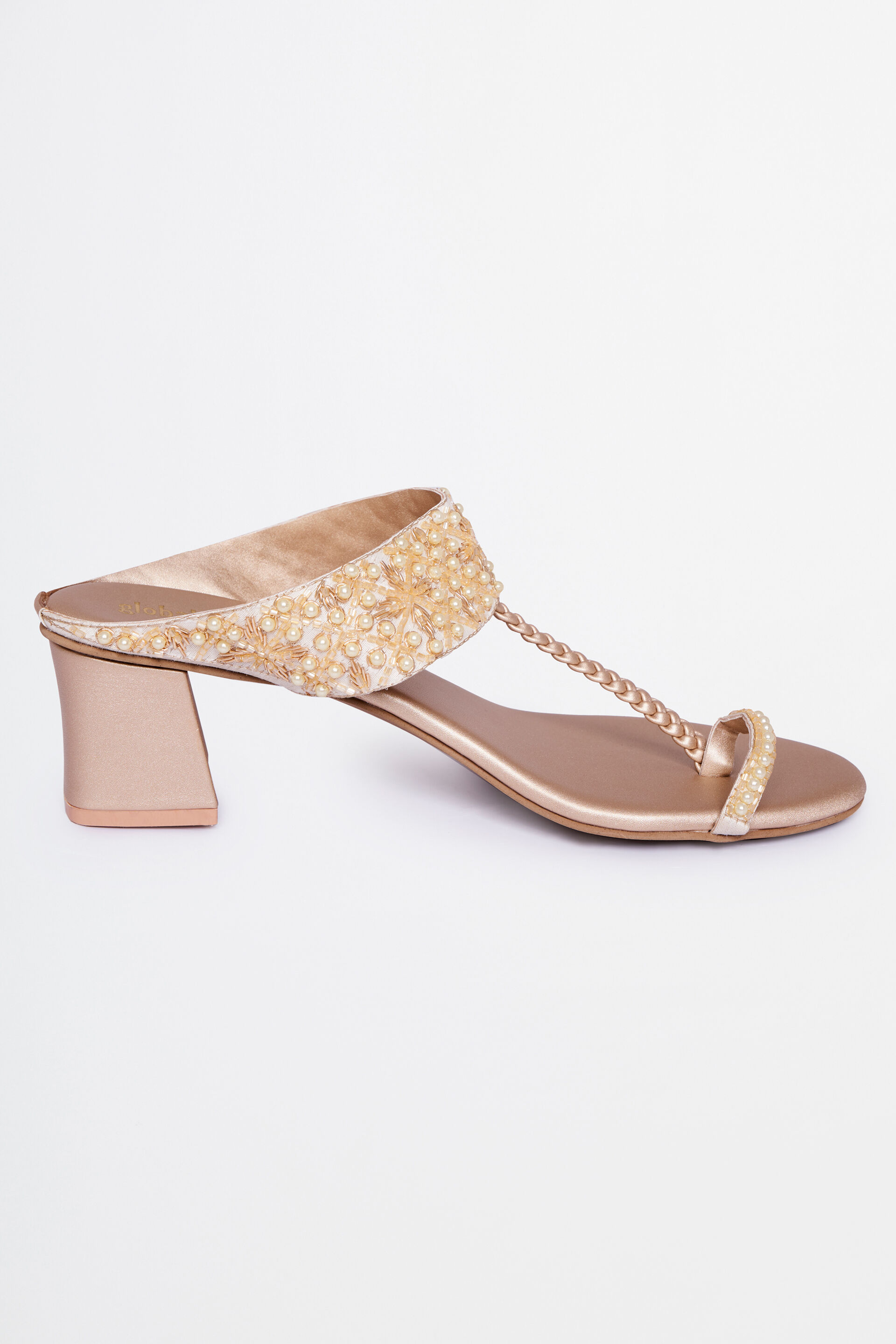 Shop Online Women Gold Diamond Studded Block Heel Sandals at ₹476